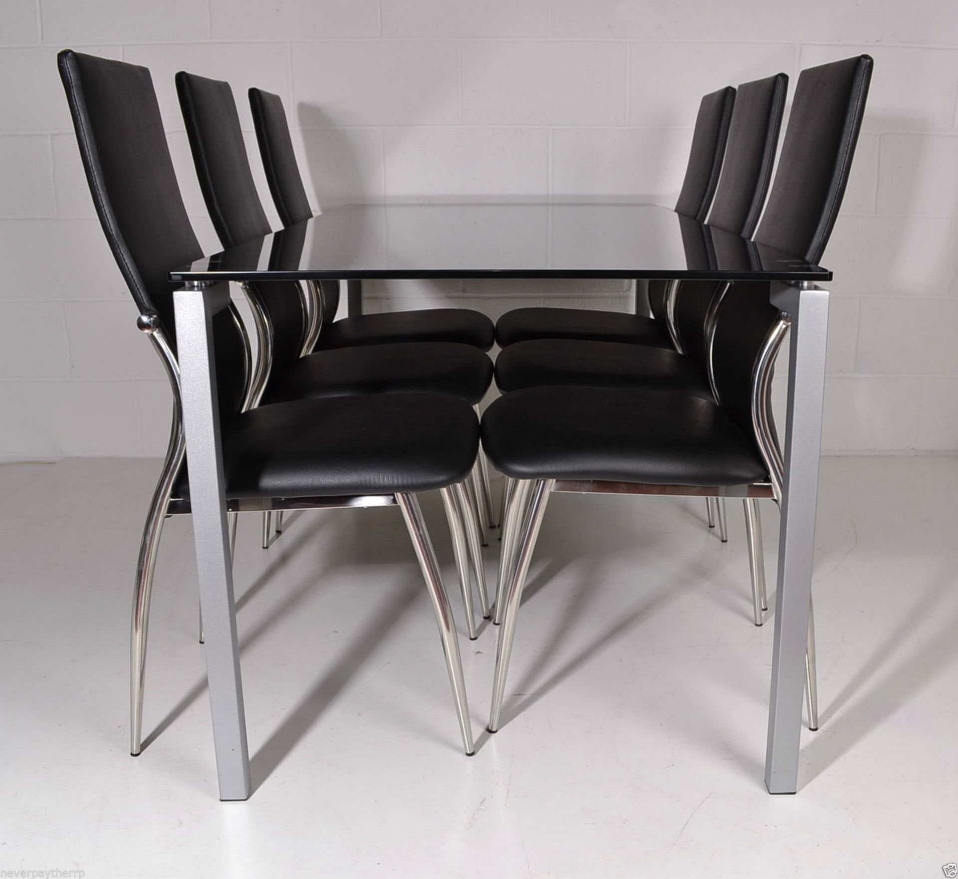 NEW Birlea Black Glass & Chrome Dining Table Set with 4 (not 6) Black Chairs. New set. Glass top - Image 3 of 9