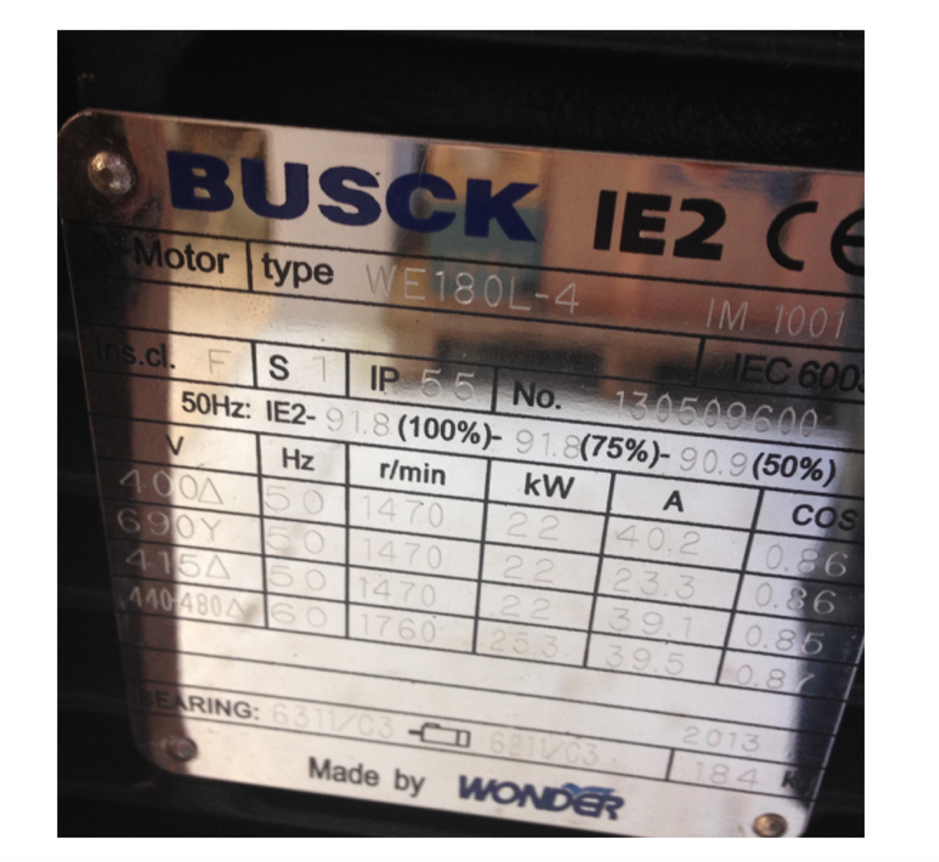 Busck 18.5 kw motor  4 Pole, IE2, 400 volt, 50 Hertz, B3  Brand new, unused, still in original crate - Image 2 of 3