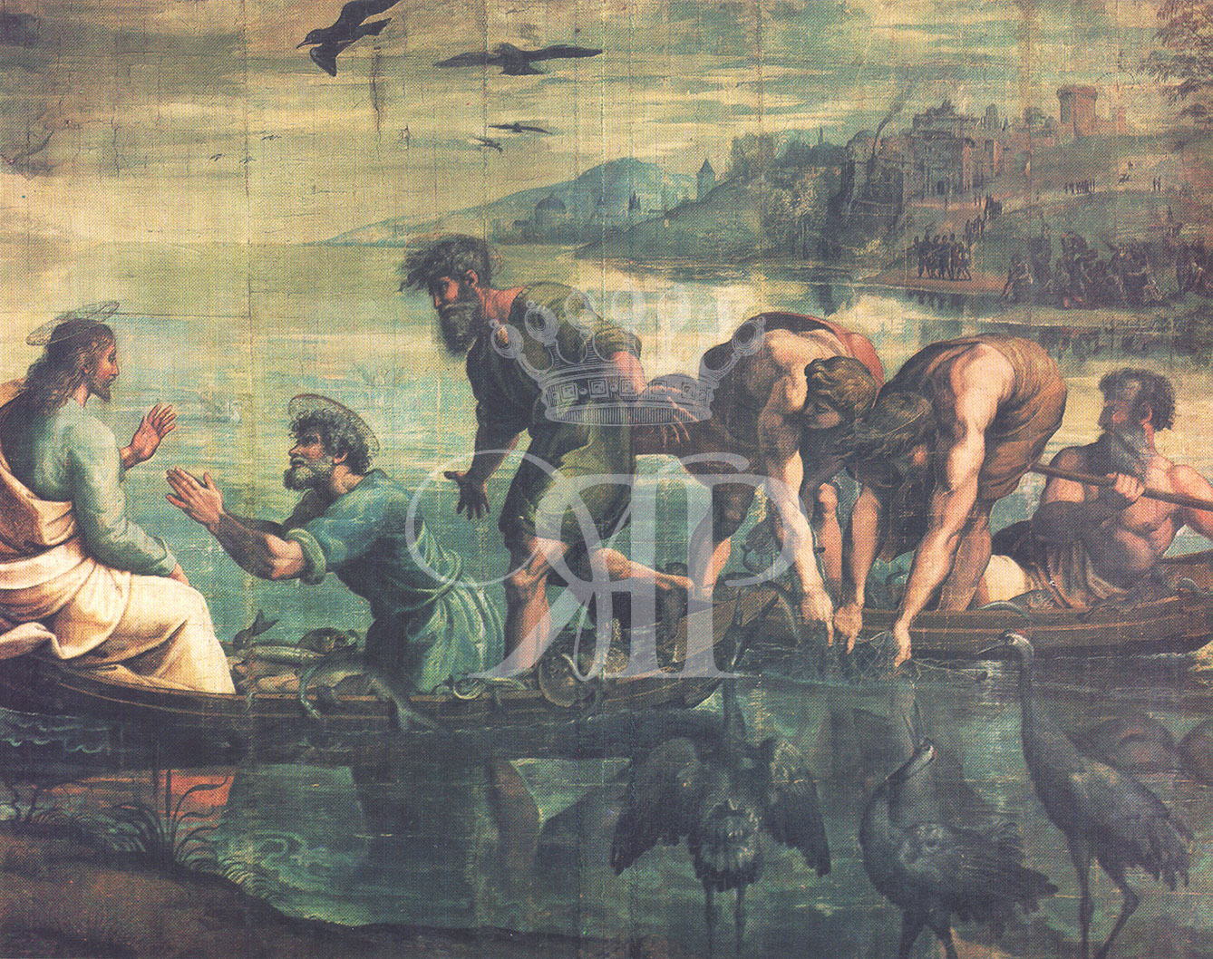 Lithographic print of painting by Raphael   entitled The Miraculous Draught of Fishes, originally