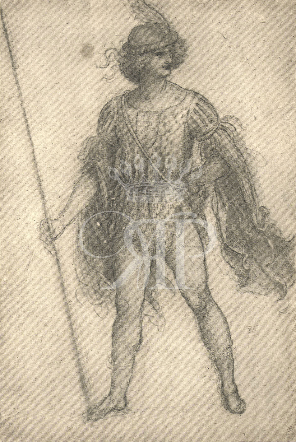 Lithographic print of drawing by Leonardo da Vinci entitled A Standing Masquerader, originally