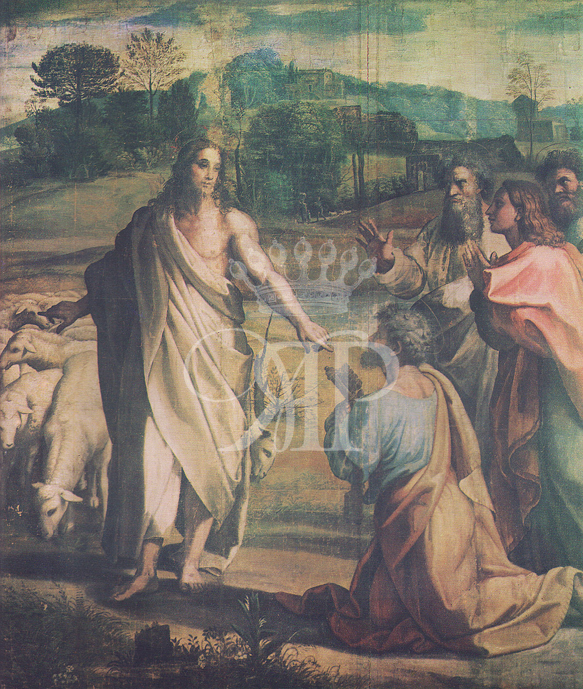 Lithographic print of painting by Raphael entitled Christ?s Charge to Peter (Detail), originally