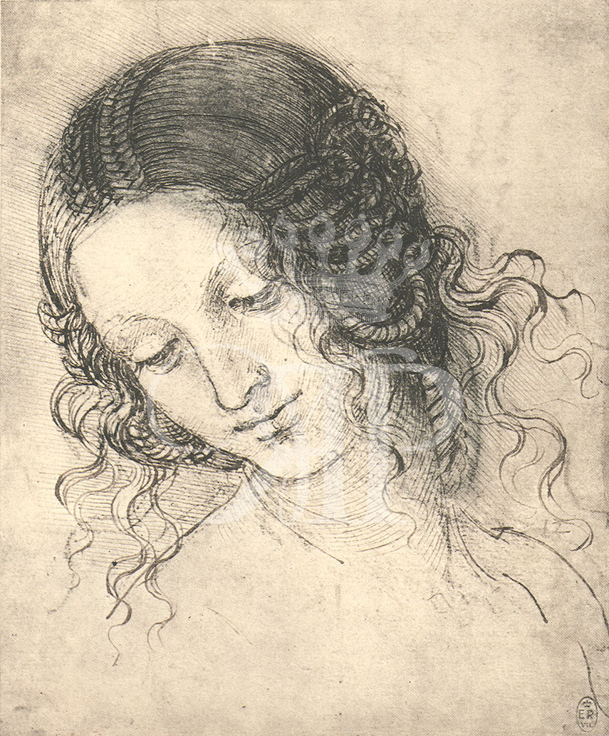 Lithographic print of drawing by Leonardo da Vinci entitled The Head of Leda, originally drawn c.