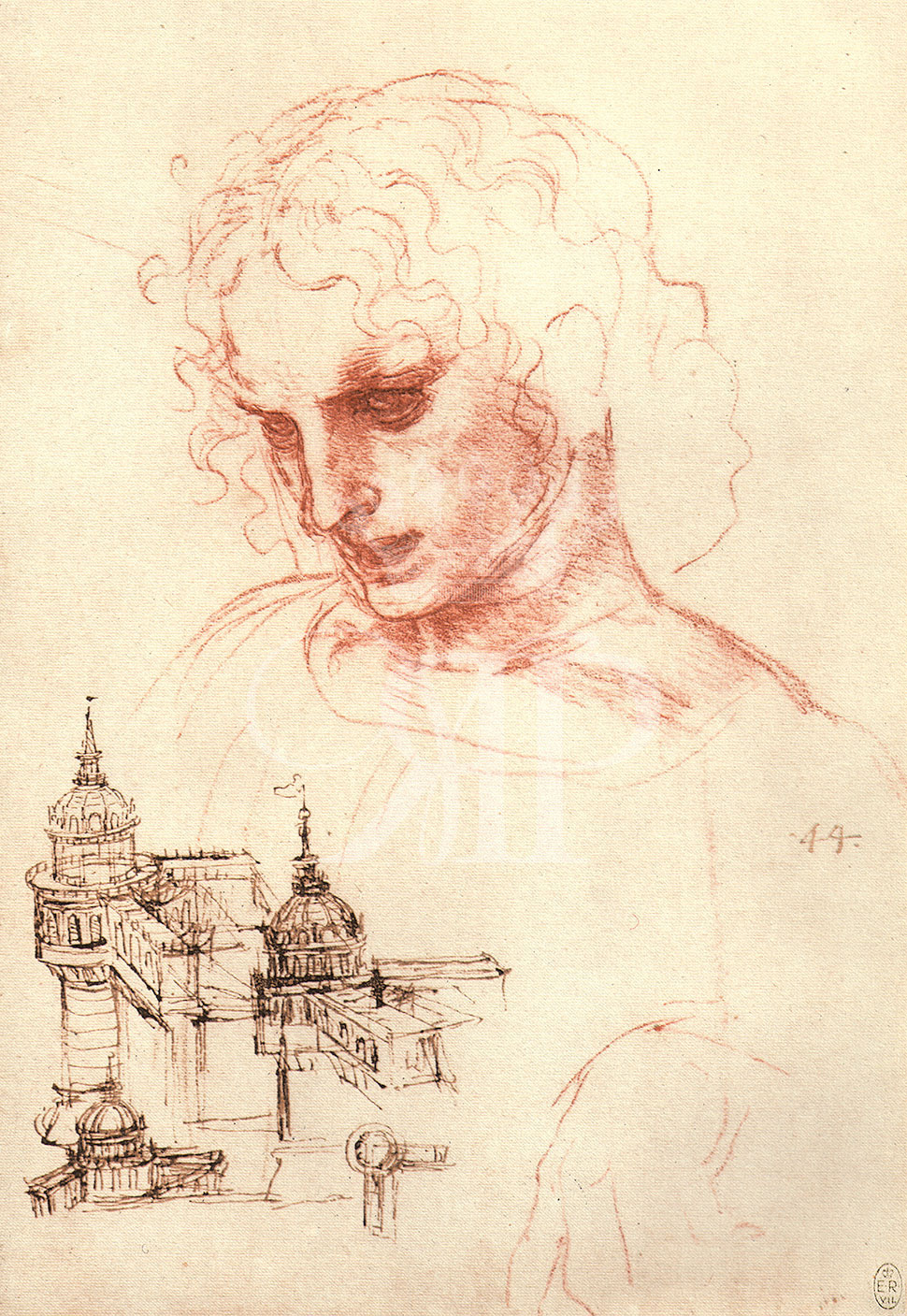 Set of two lithographic prints comprising:lithographic print of drawing by Leonardo da Vinci