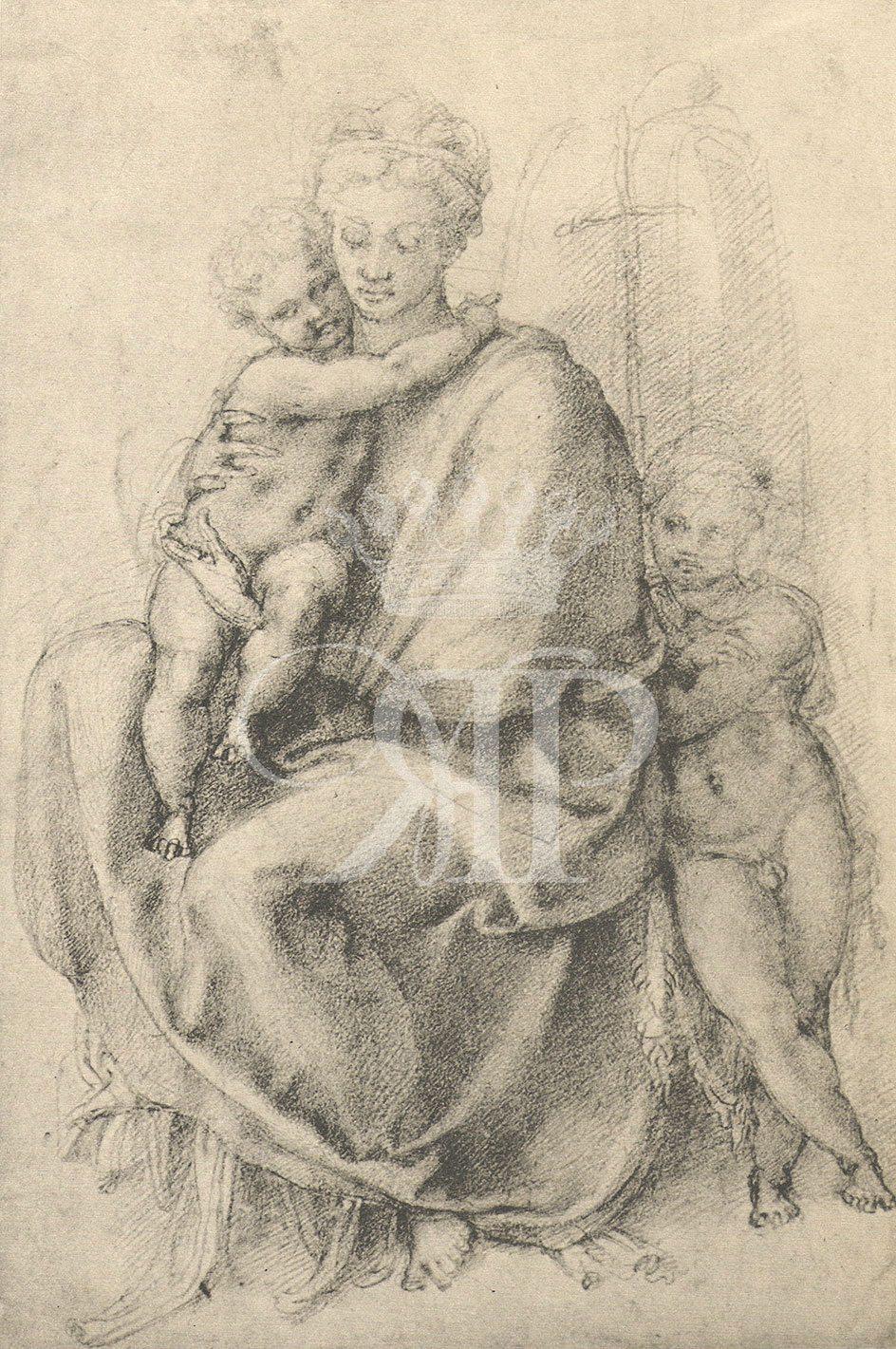 Lithographic print of drawing by Michelangelo entitled The Virgin and Child with the Infant St.