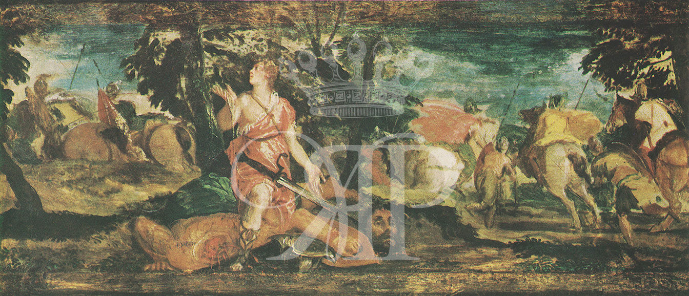 Lithographic print of painting by Veronese (Paolo Caliara) entitled David and Goliath, originally