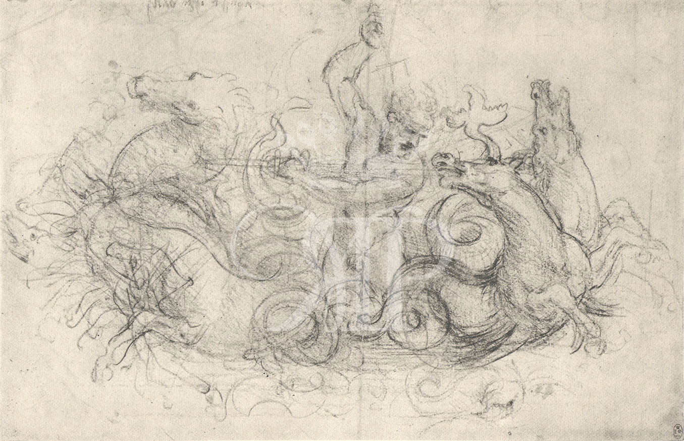 Lithographic print of drawing by Leonardo da Vinci entitled Neptune with his Sea-horses.,