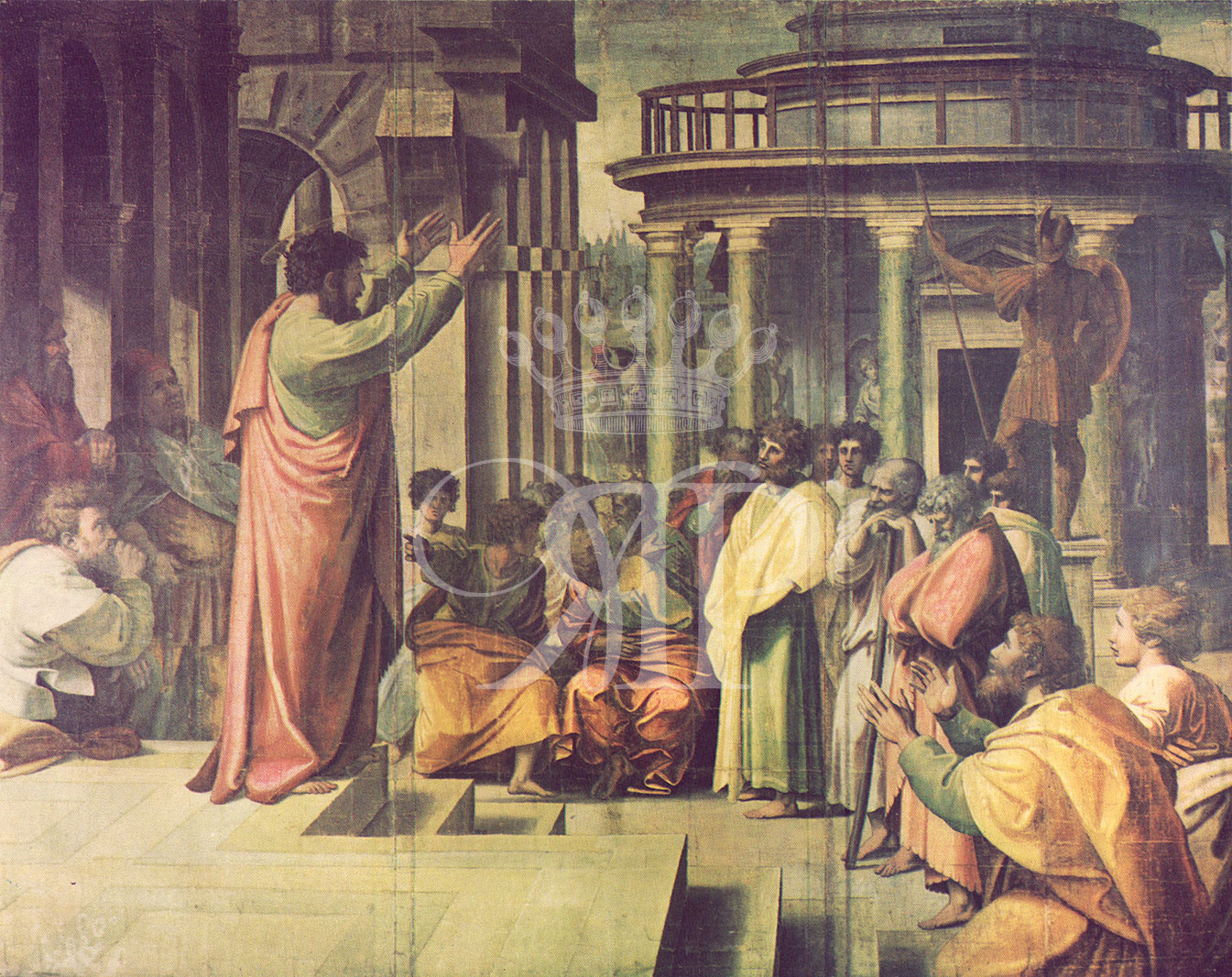 Lithographic print of painting by Raphael entitled St. Paul Preaching at Athens, originally painted