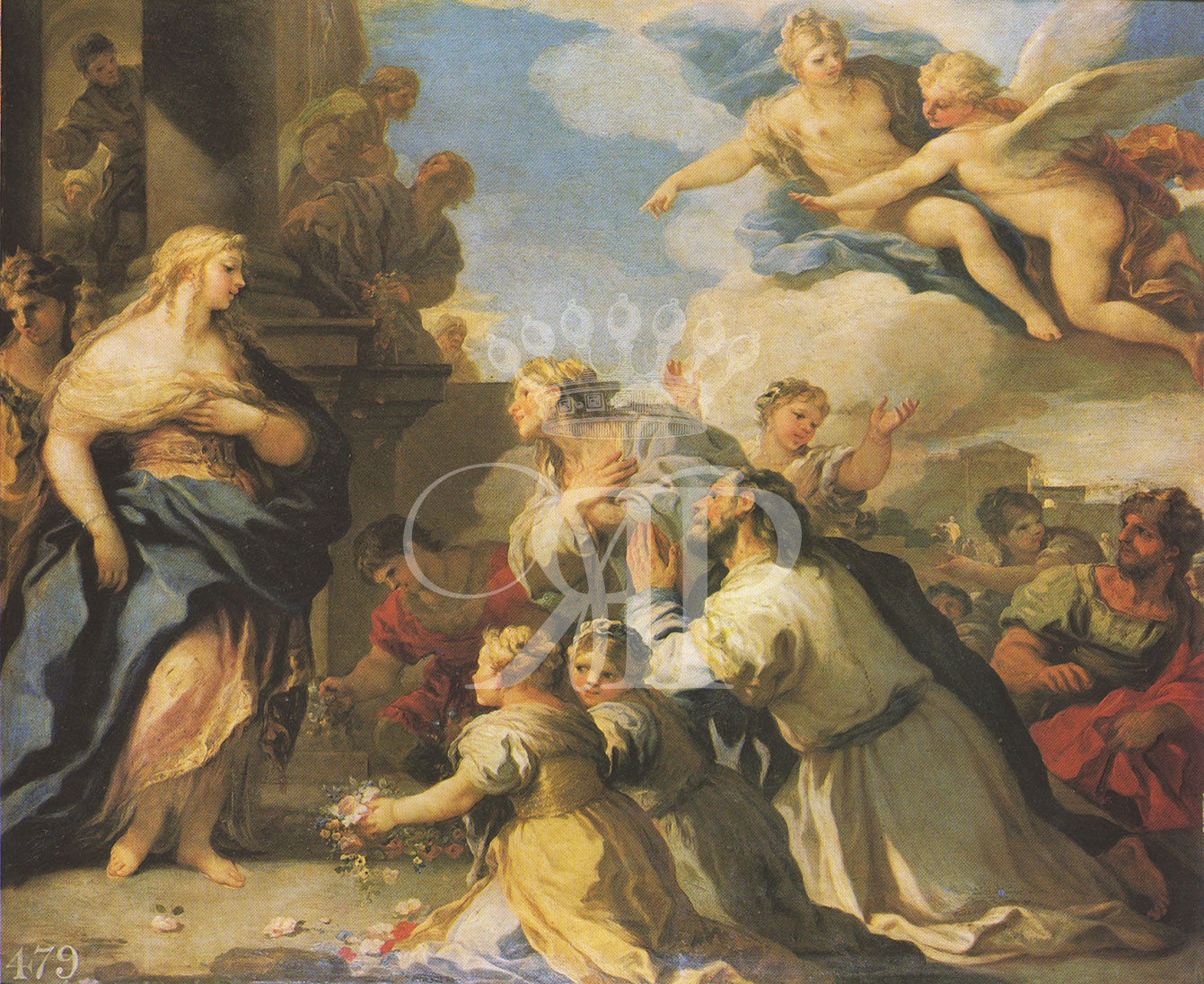 Lithographic print of painting by Luca Giordano entitled Psyche Honoured by the People, originally