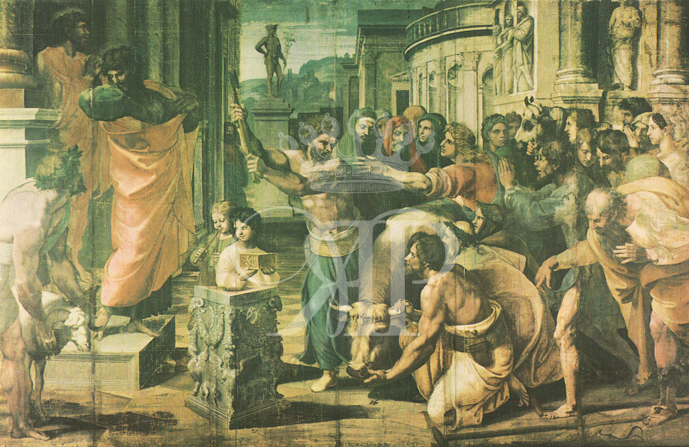 Lithographic print of painting by Raphael entitled The Sacrifice of Lystra, originally painted c.