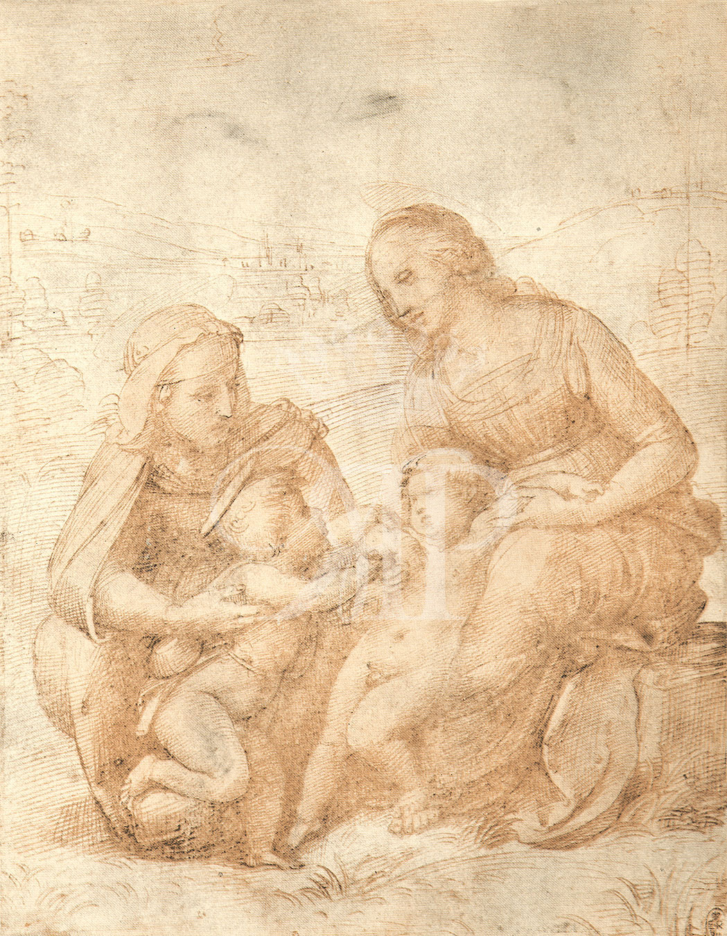 Set of two lithographic prints comprising:lithographic print of drawing by Raphael entitled The