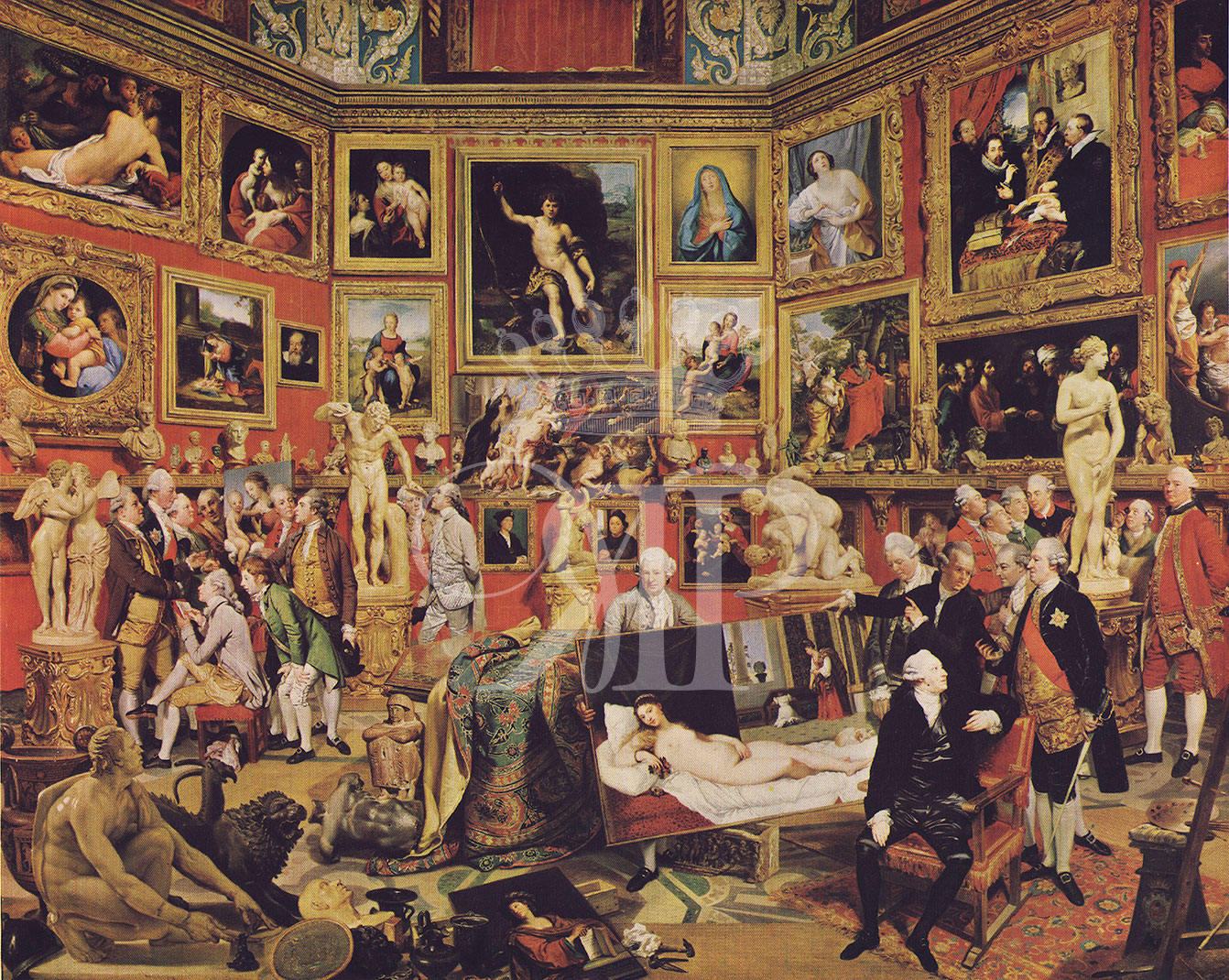 Lithographic print of painting by Johann Zoffany entitled The Tribuna of the Uffizi, originally