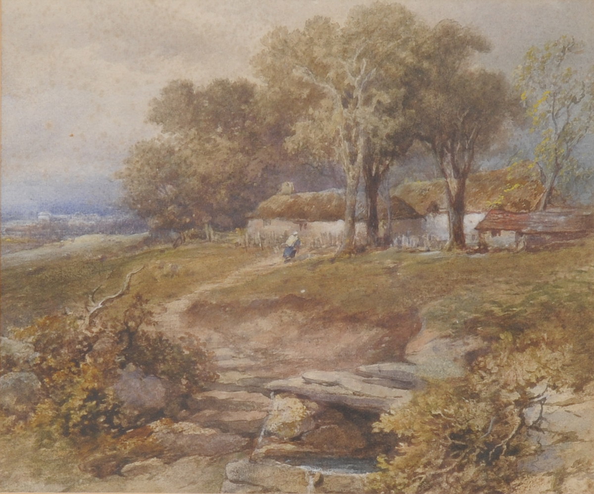 English late 19th century school, figure on a pathway beside a well with a cottage in the