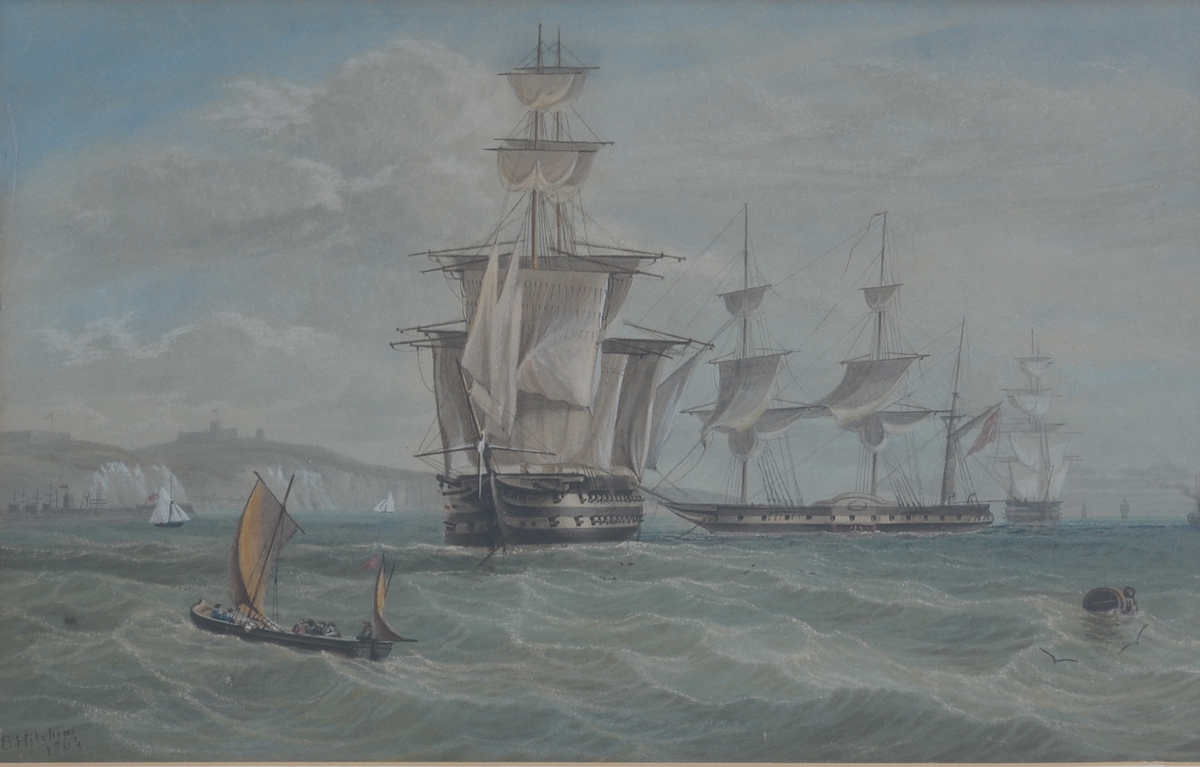 JB Hitchins, "Masted Vessels off the Coast", signed, watercolour, dated 1864, 23cms x 36cms