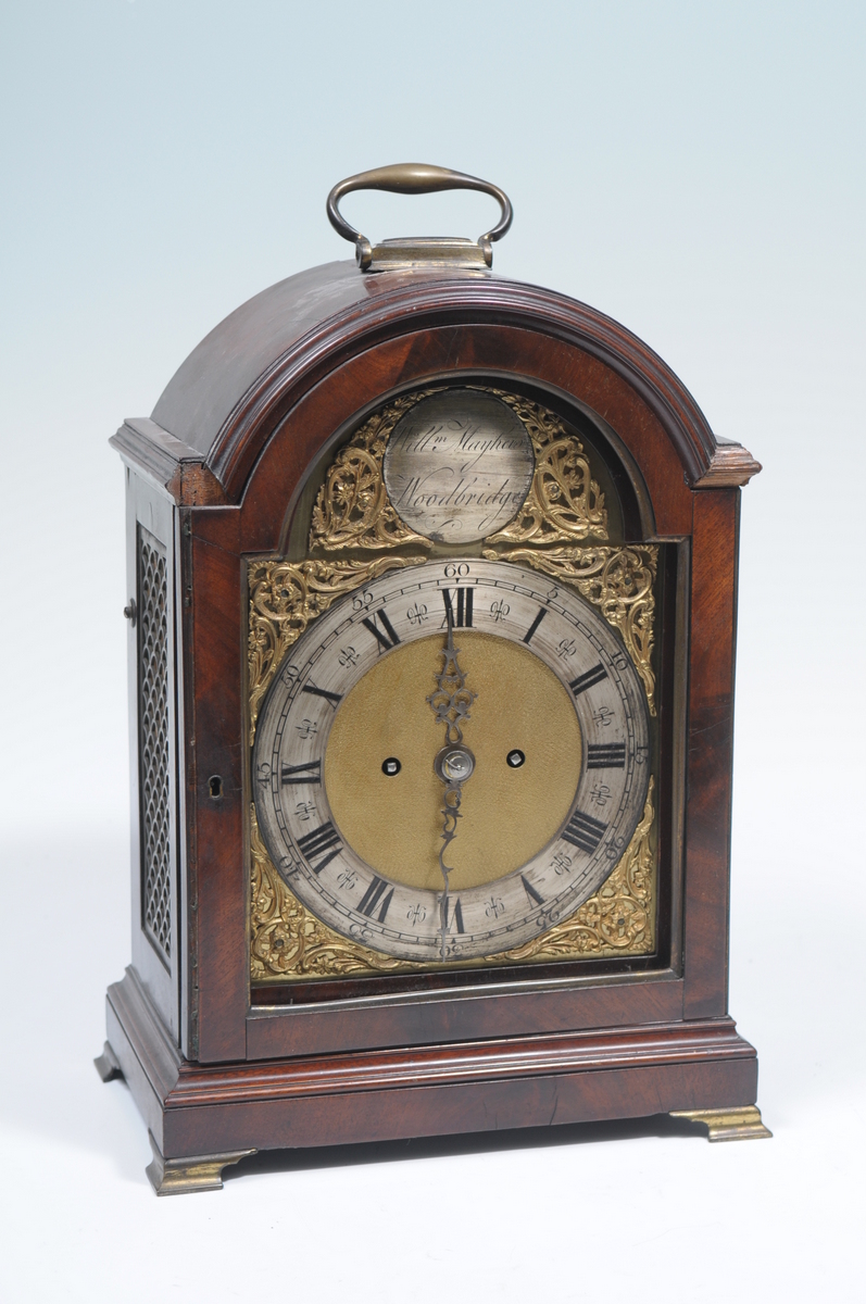 A George III mahogany bracket clock with a 19cm silvered chapter ring with Roman and Arabic numerals