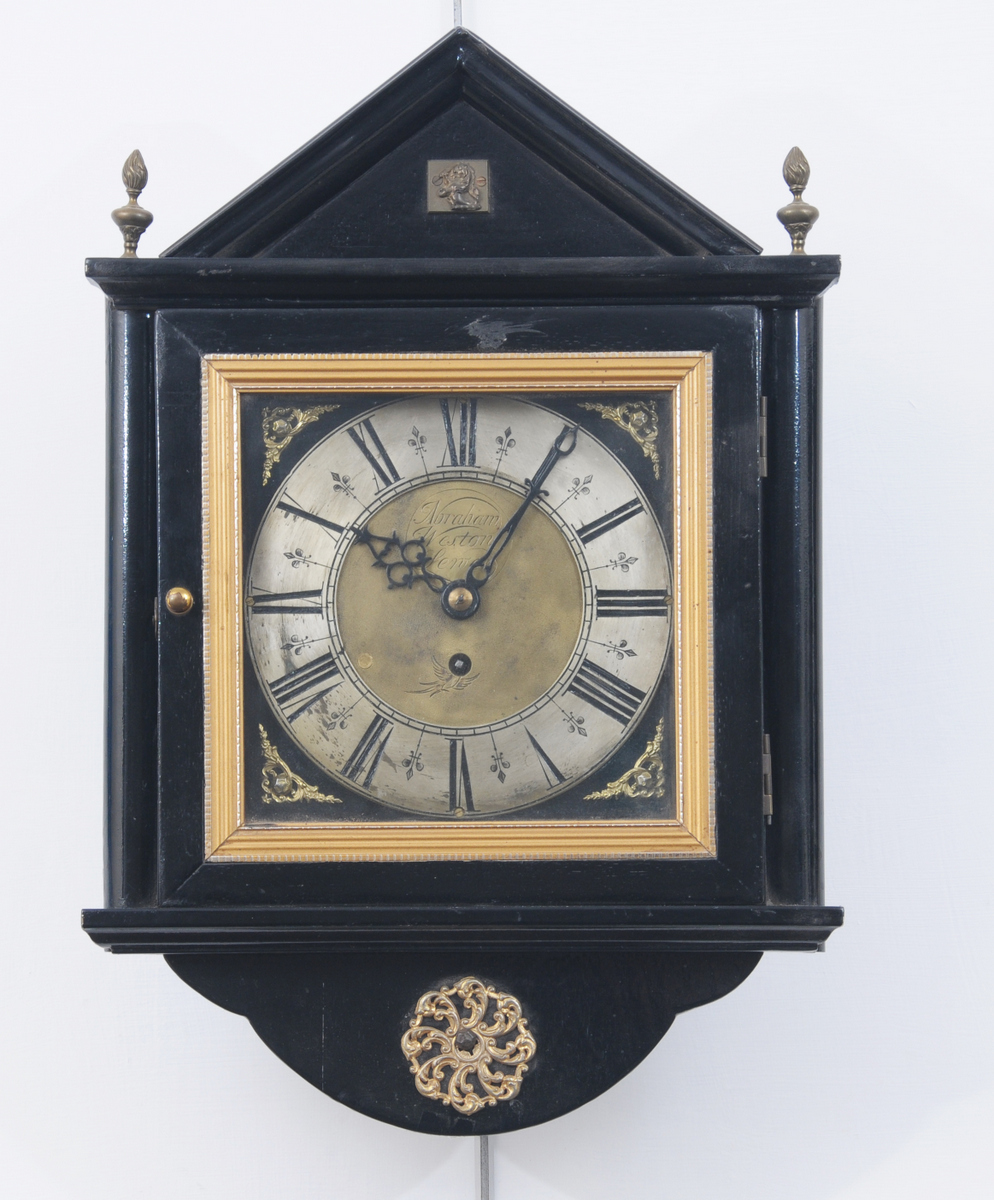 A 19th century ebonised wall clock with a 8" brass and silvered dial inscribed Abraham Weston