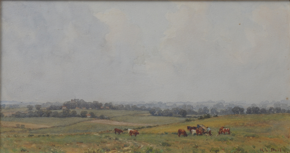 H L Dell, "Feeding Time", Chichester, signed watercolour, framed 19cms x36cms