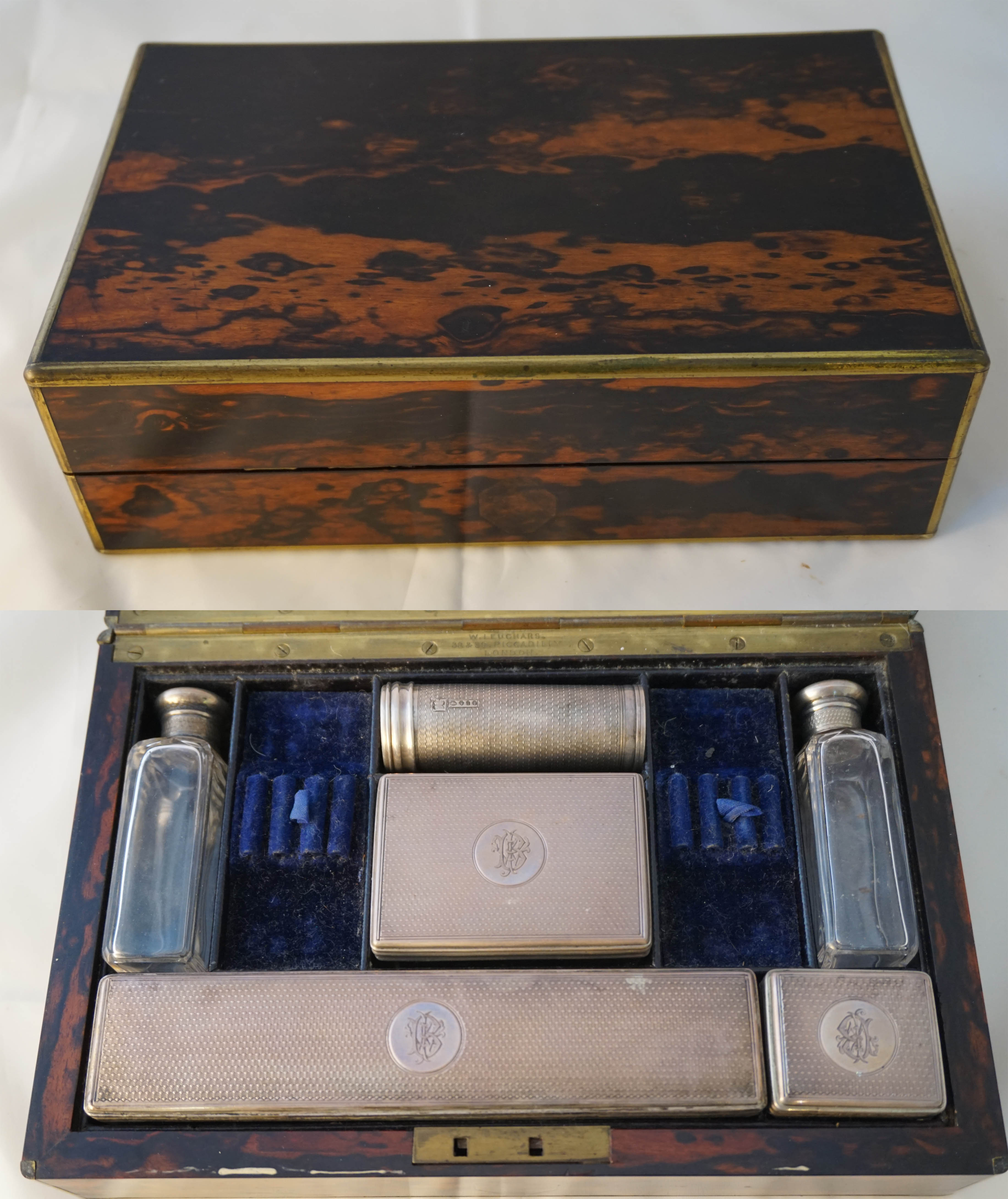 A Victorian brass bound gentleman's vanity case of small proportions, the hinged cover lifts to