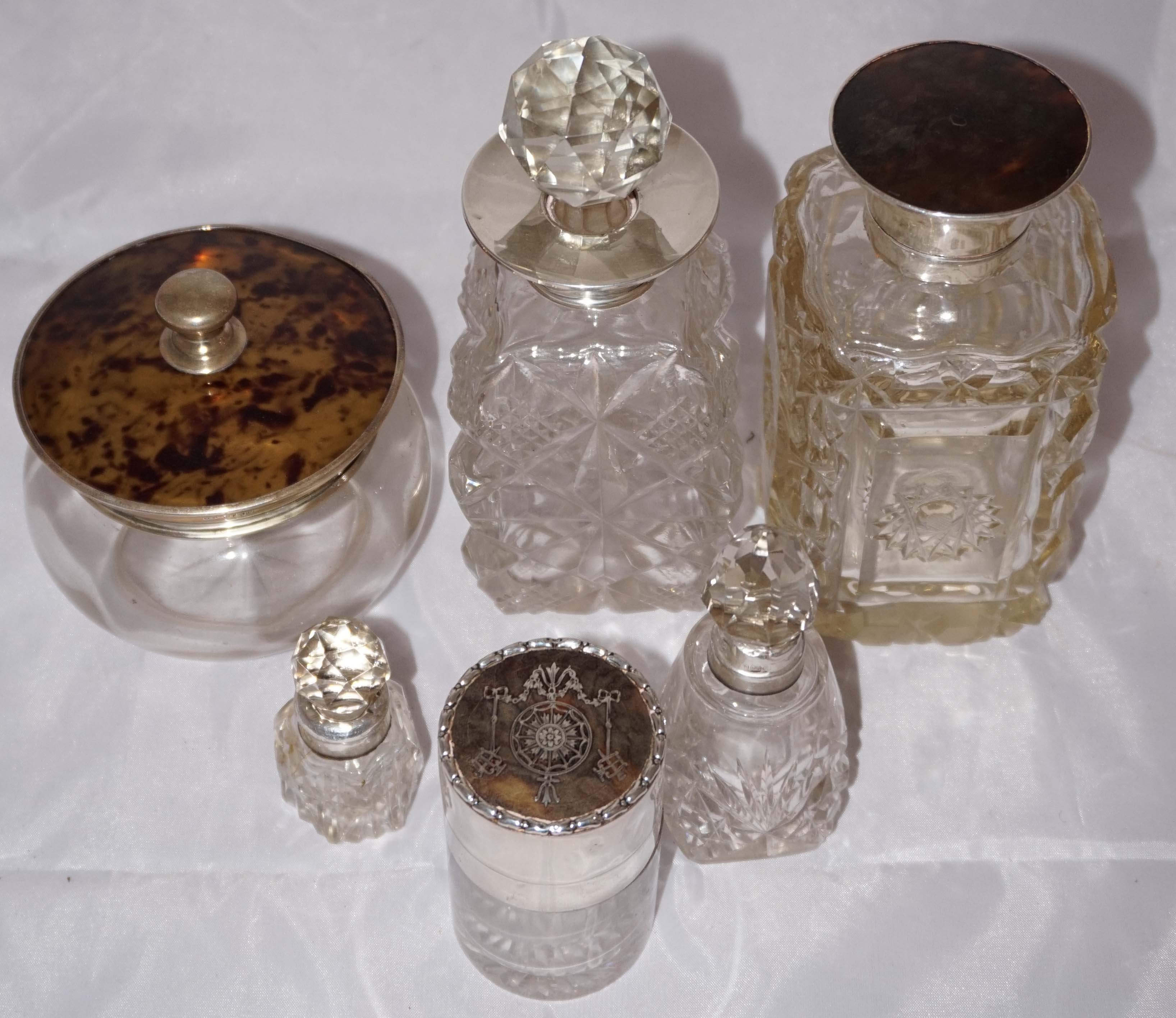 A mixed lot of assorted cut and other glass, dressing table pots, three examples with faux