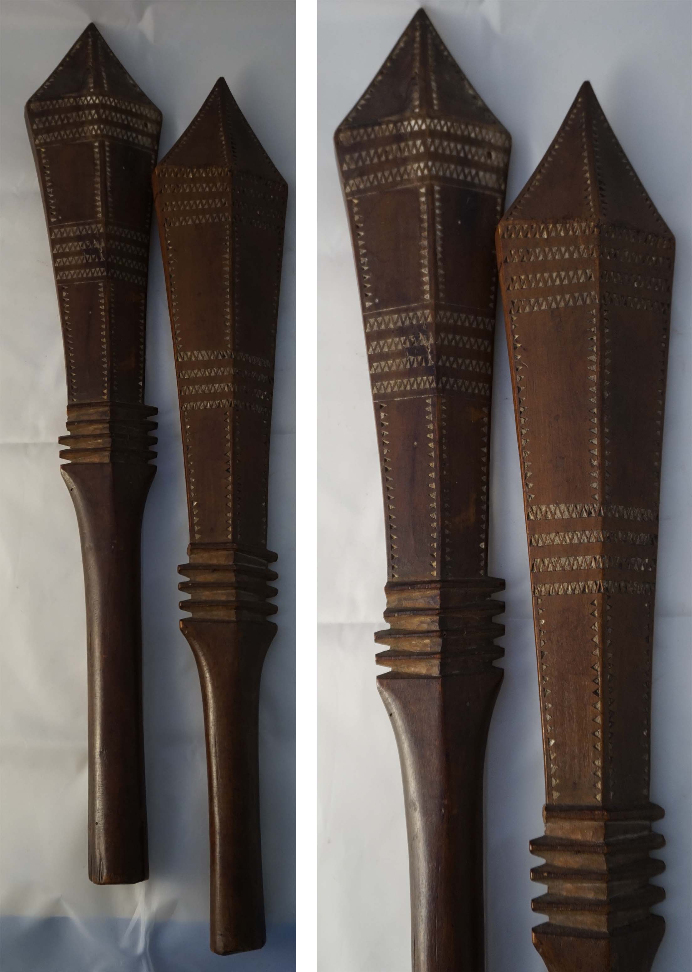 Two wooden clubs (povai), possibly from Samoa, with extensive chip carved decoration, length 54cm
