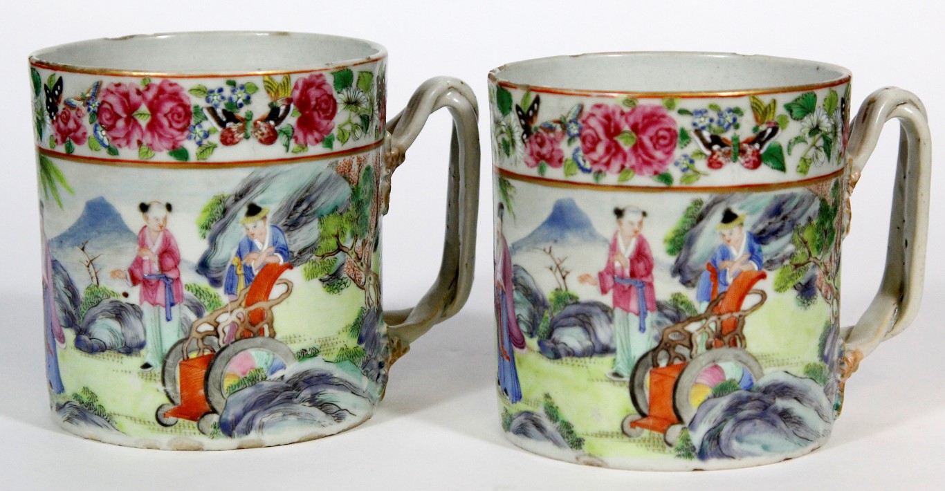 Two Chinese famille rose export porcelain tankards, 18th century, each of cylindrical form, with