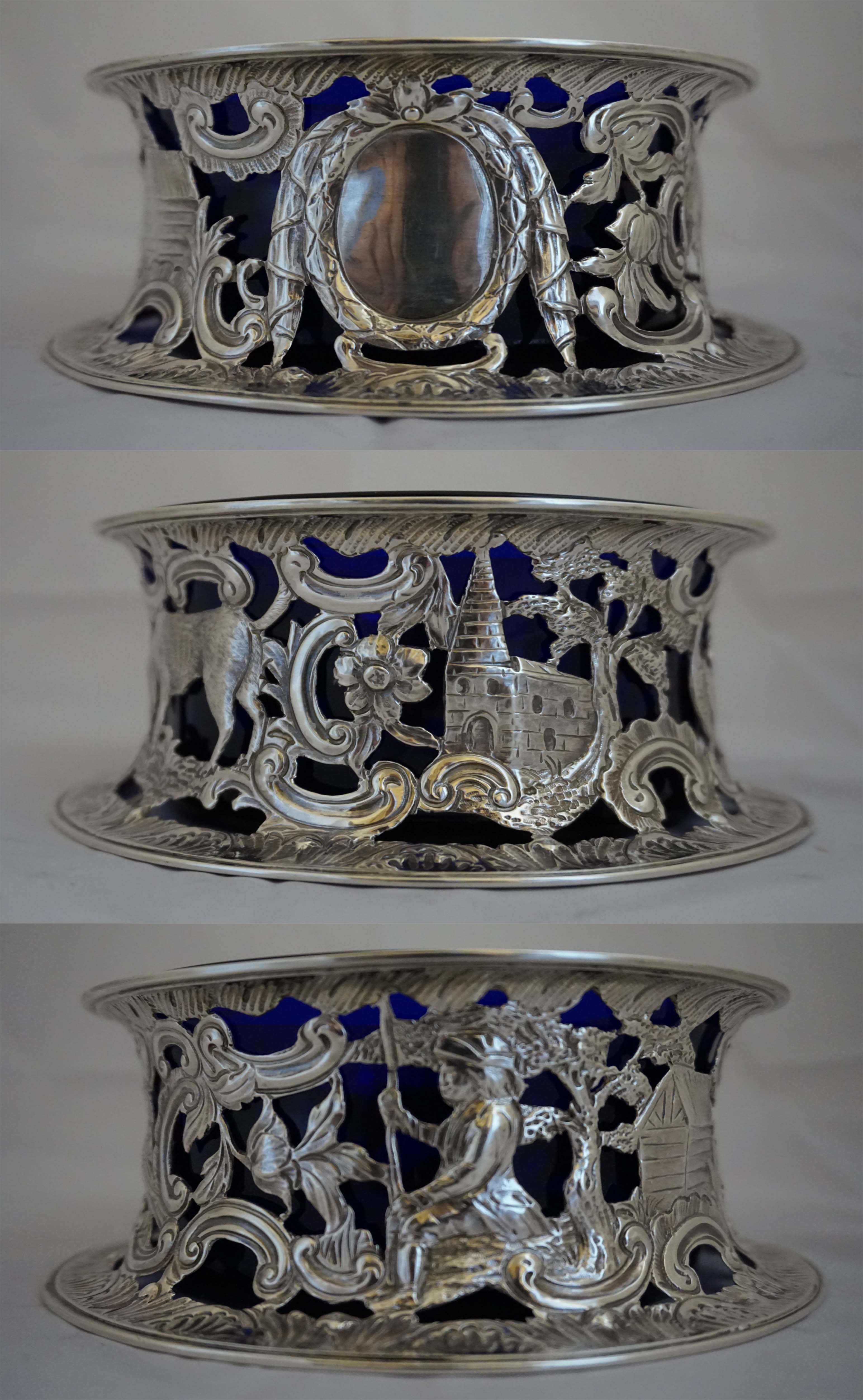 A Victorian hallmarked silver potato dish ring, having pierced decoration of farmer, church,