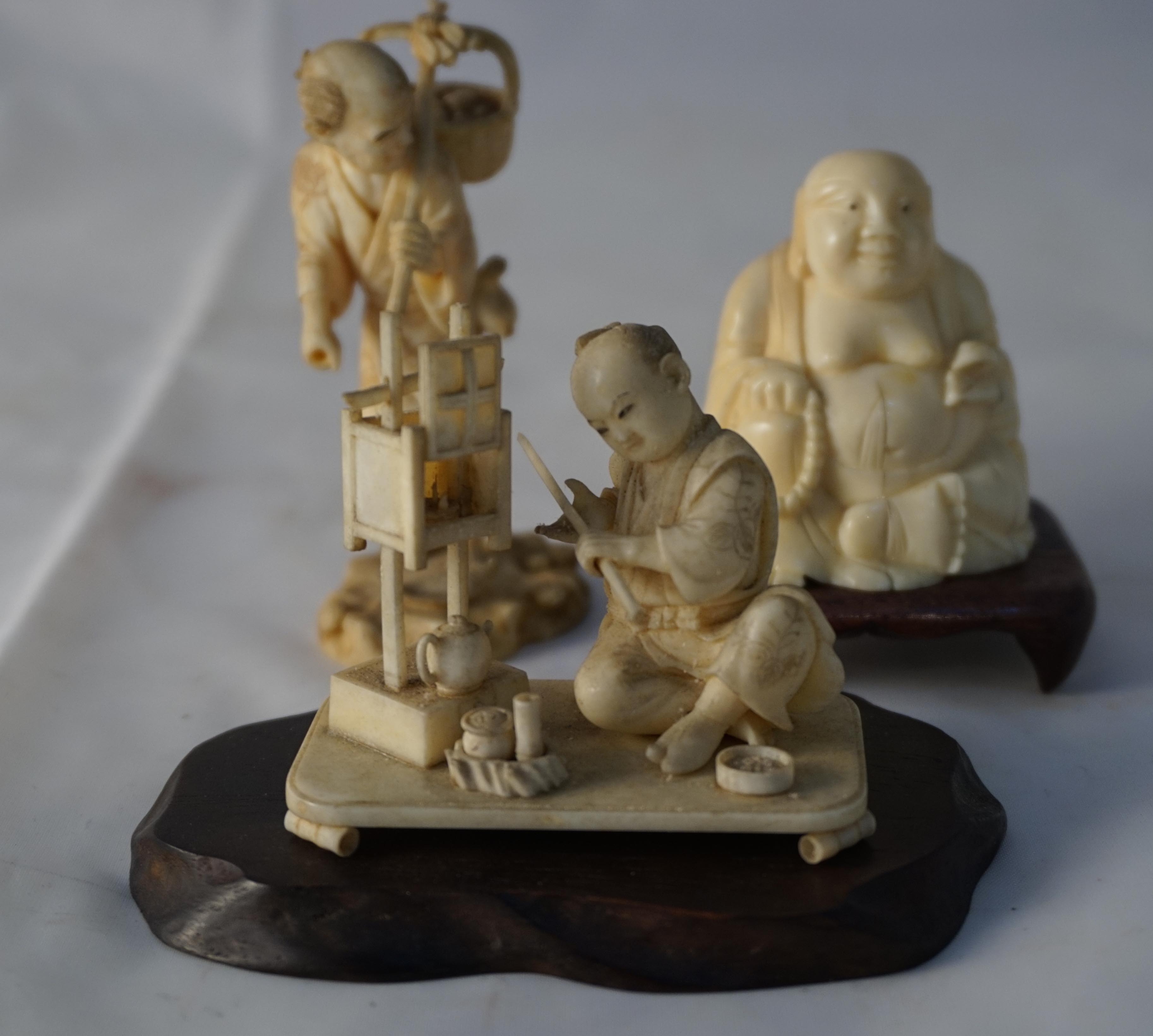 A collection of three Japanese ivory okimono, late Meiji period (1868-1912), the figures including a