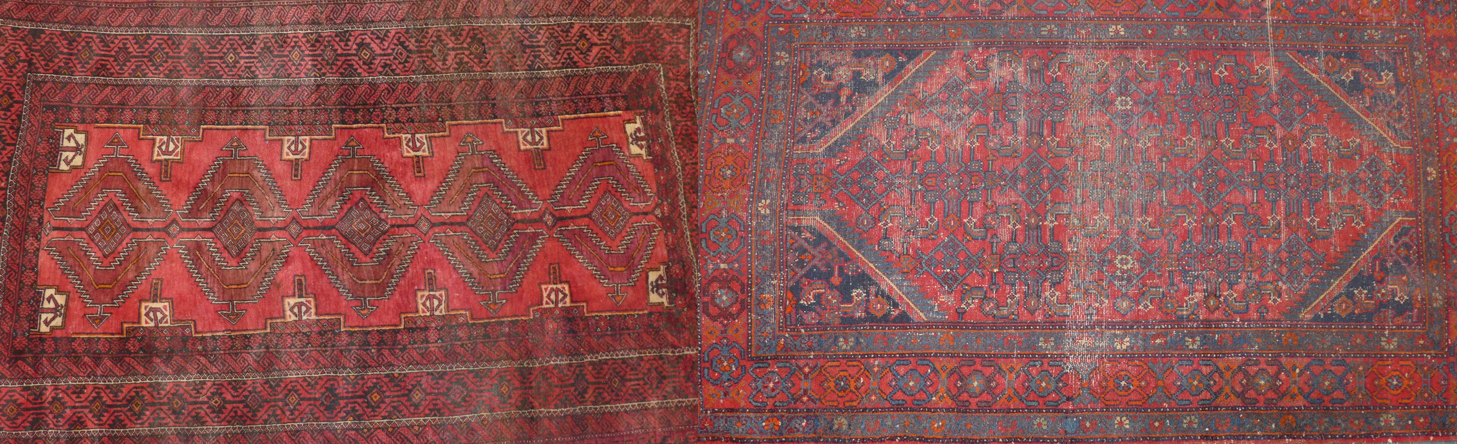 A Caucasian rug, the central panel with multiple medallion decorations, surrounded by a geometric