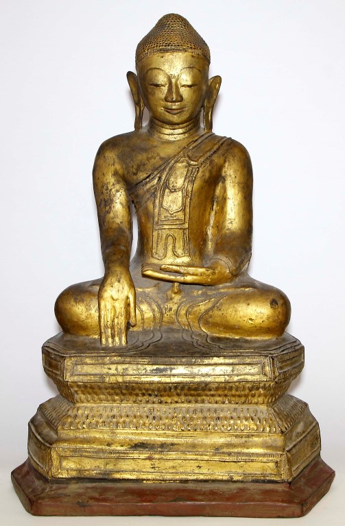 A Burmese 'Shan' style papier-mâché Buddha, 19th century, well modelled seated in Vajrasana