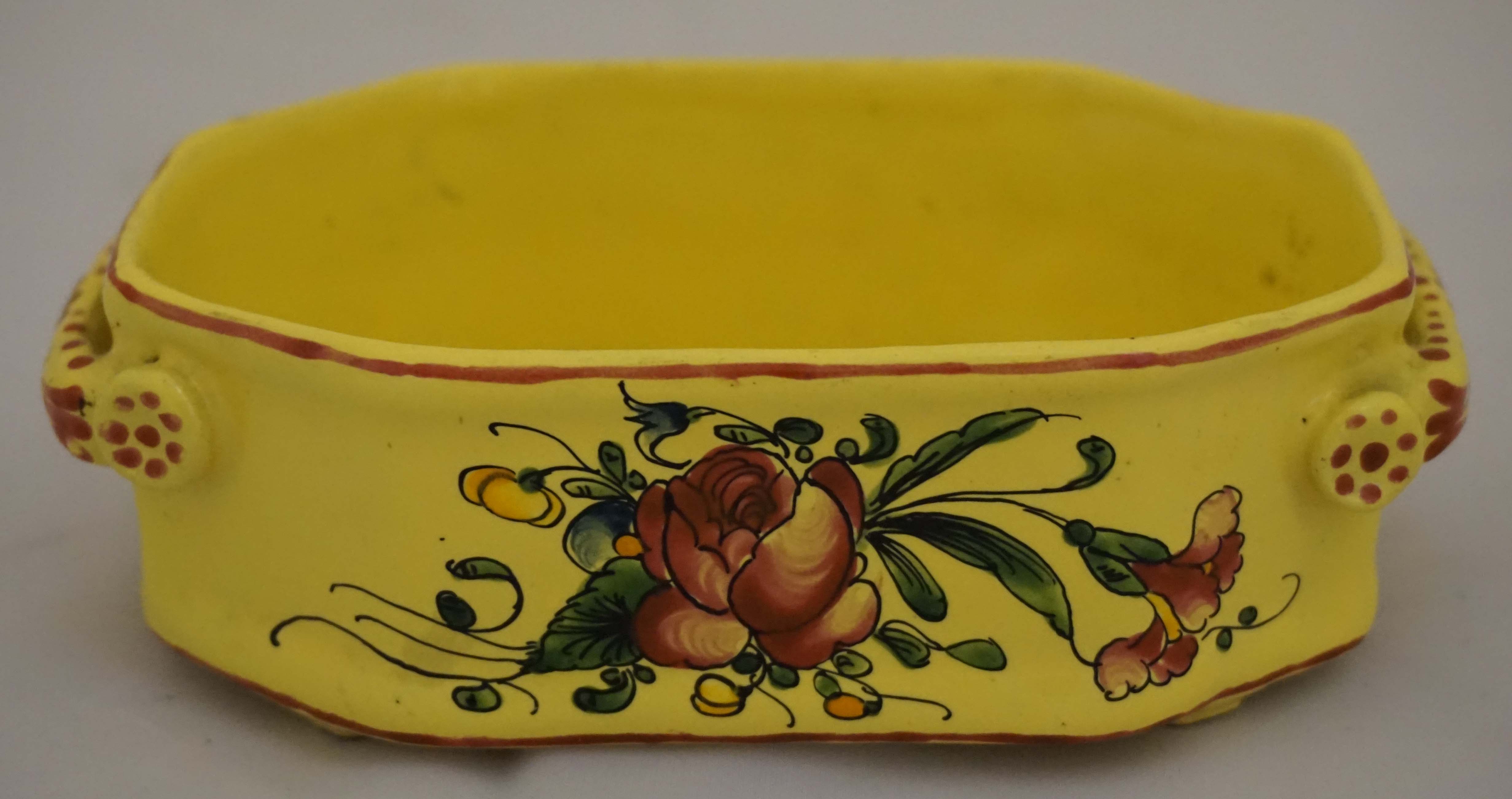 A late 18th/19th century Canary ware twin handled bowl, of rectangular form, painted in enamels of