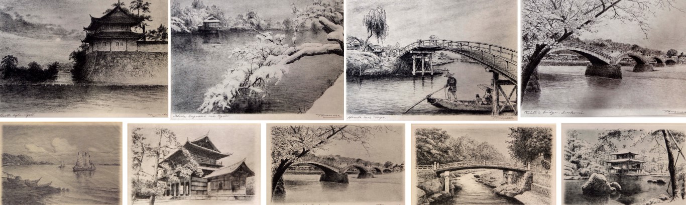 A collection of seven Japanese monochrome etchings, signed Tamomasa, first half 20th century, each