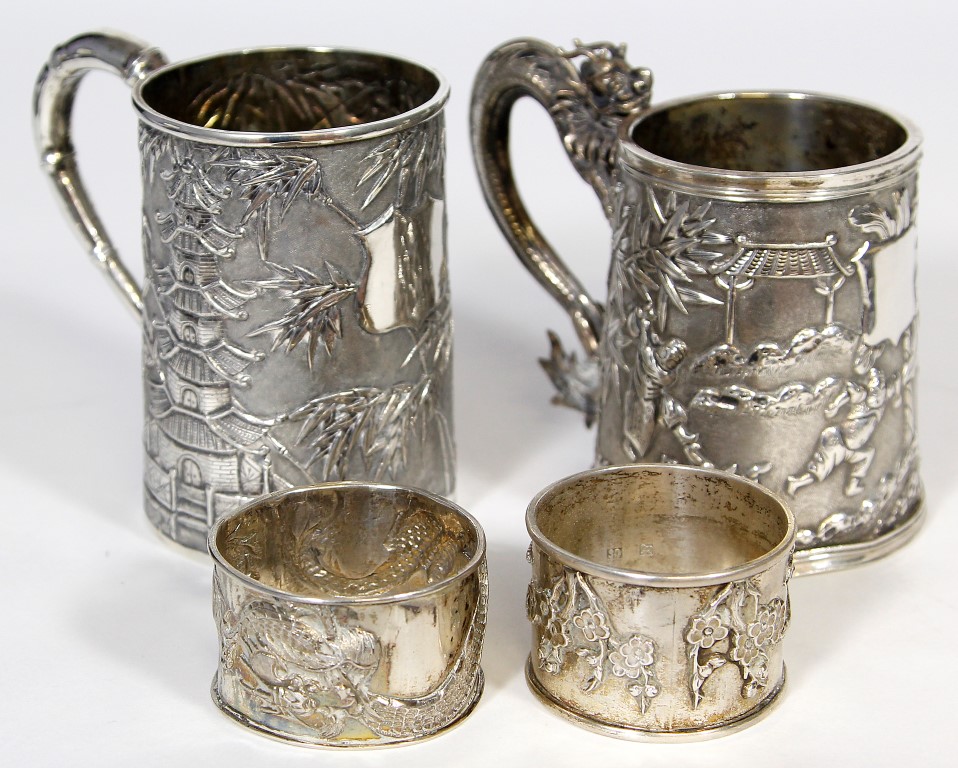 Two Chinese export silver tankards, Wang Hing & Co, circa 1800-1900, each of the tapered cylindrical