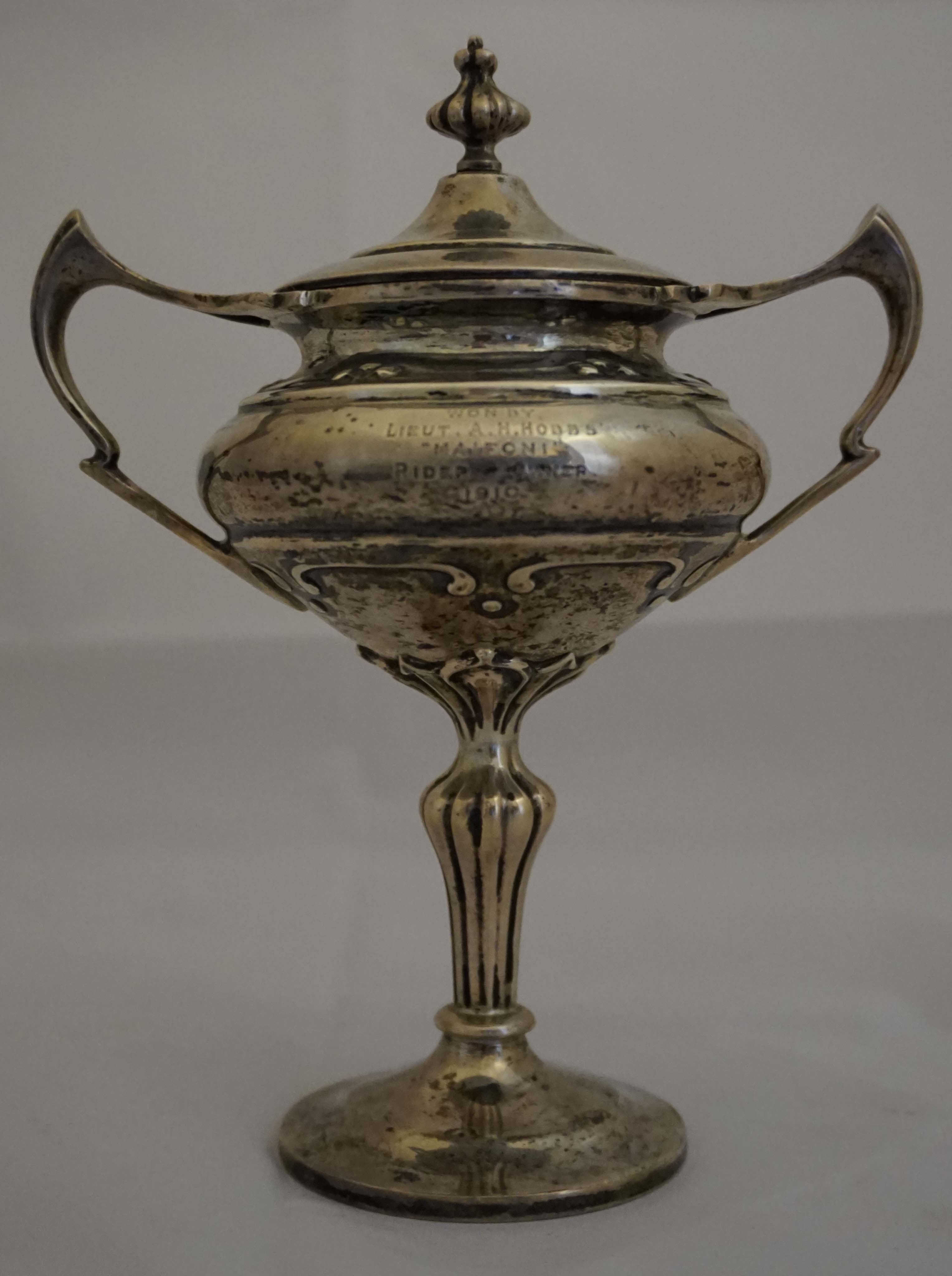 A George V Art Nouveau hallmarked silver twin handled pedestal trophy cup and cover, having cast