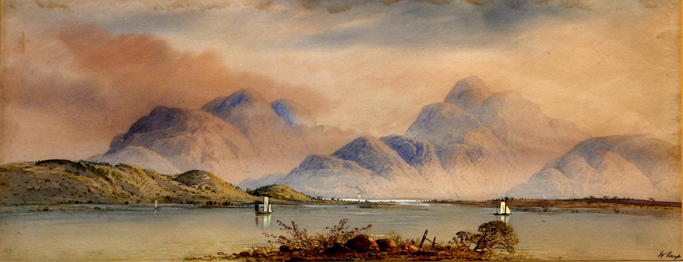 William Henry Earp (British, 1831-1914) - 'Panoramic Lake scene with sailboats before mountainous