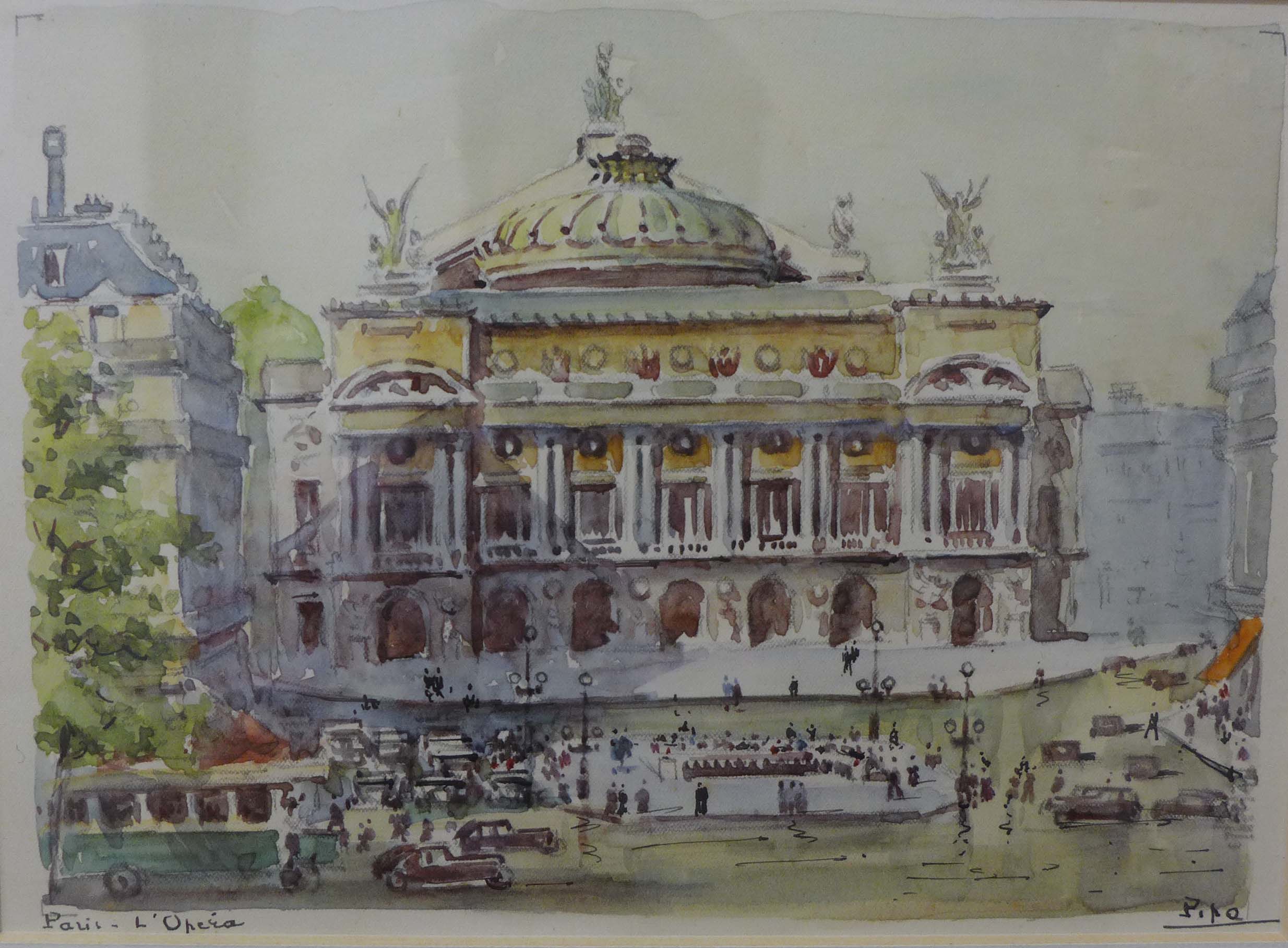 French School (20th century) - 'Paris - L-Operá', watercolour, signed 'Pipo', approx 14x20cm,