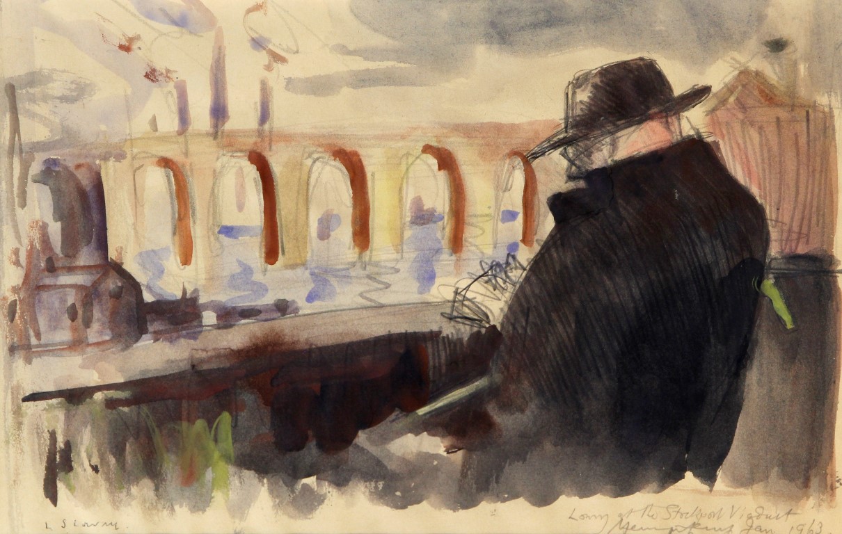 Mervyn Levy (British 1915-1996), 'Lowry at the Stockport Viaduct', watercolour and pencil on