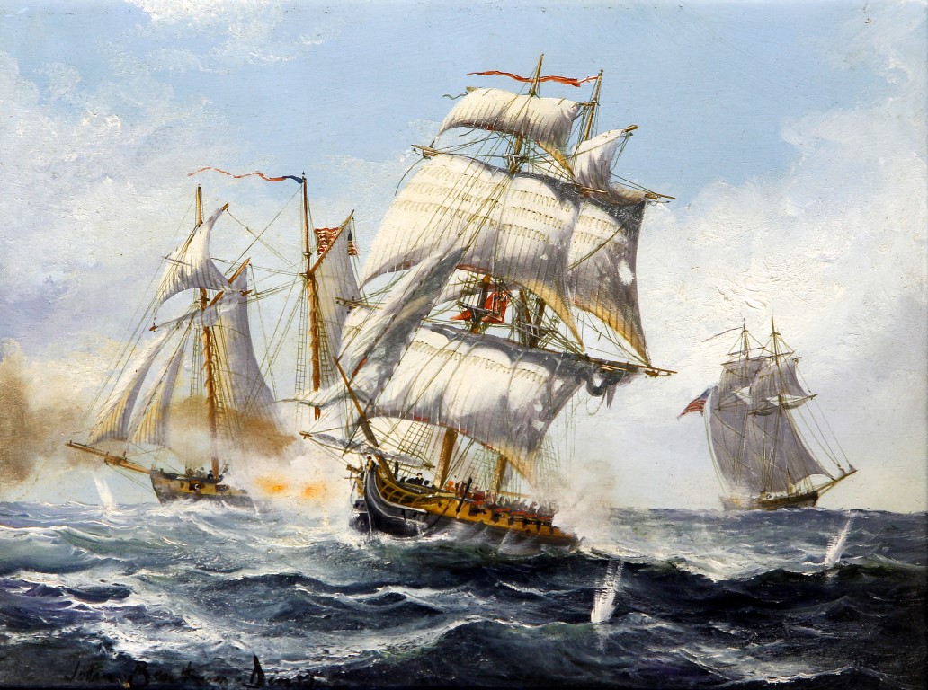 John Bentham-Dinsdale (British, 1927-2008) - 'American schooners and an English Brigg in action, the