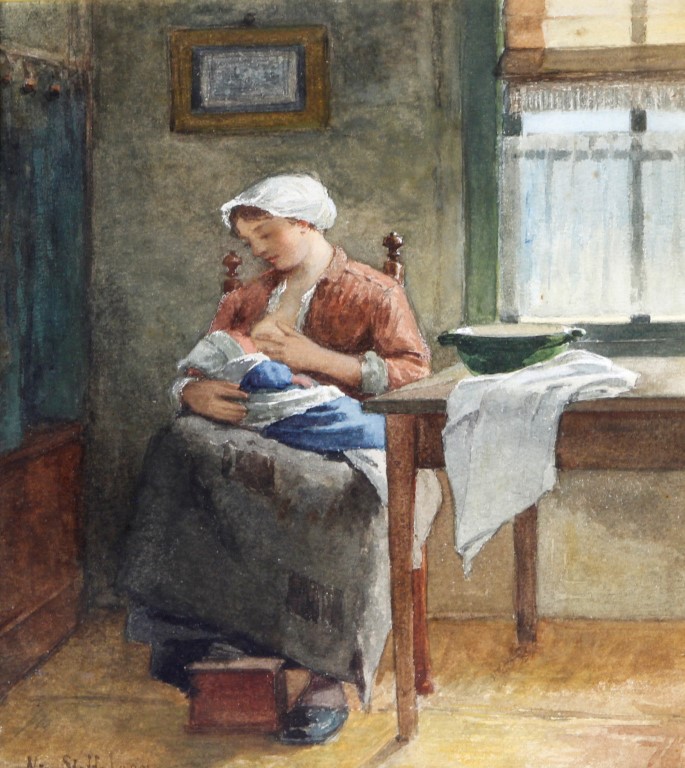 Nicolaas Steffelaar (Dutch 1852 - 1918) - 'Young Mother Breast Feeding', watercolour, signed, approx