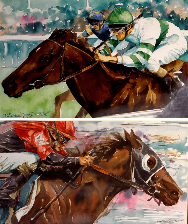 Alan Brassington (British b. 1959) - 'Jockeys on horseback', two watercolours both signed and