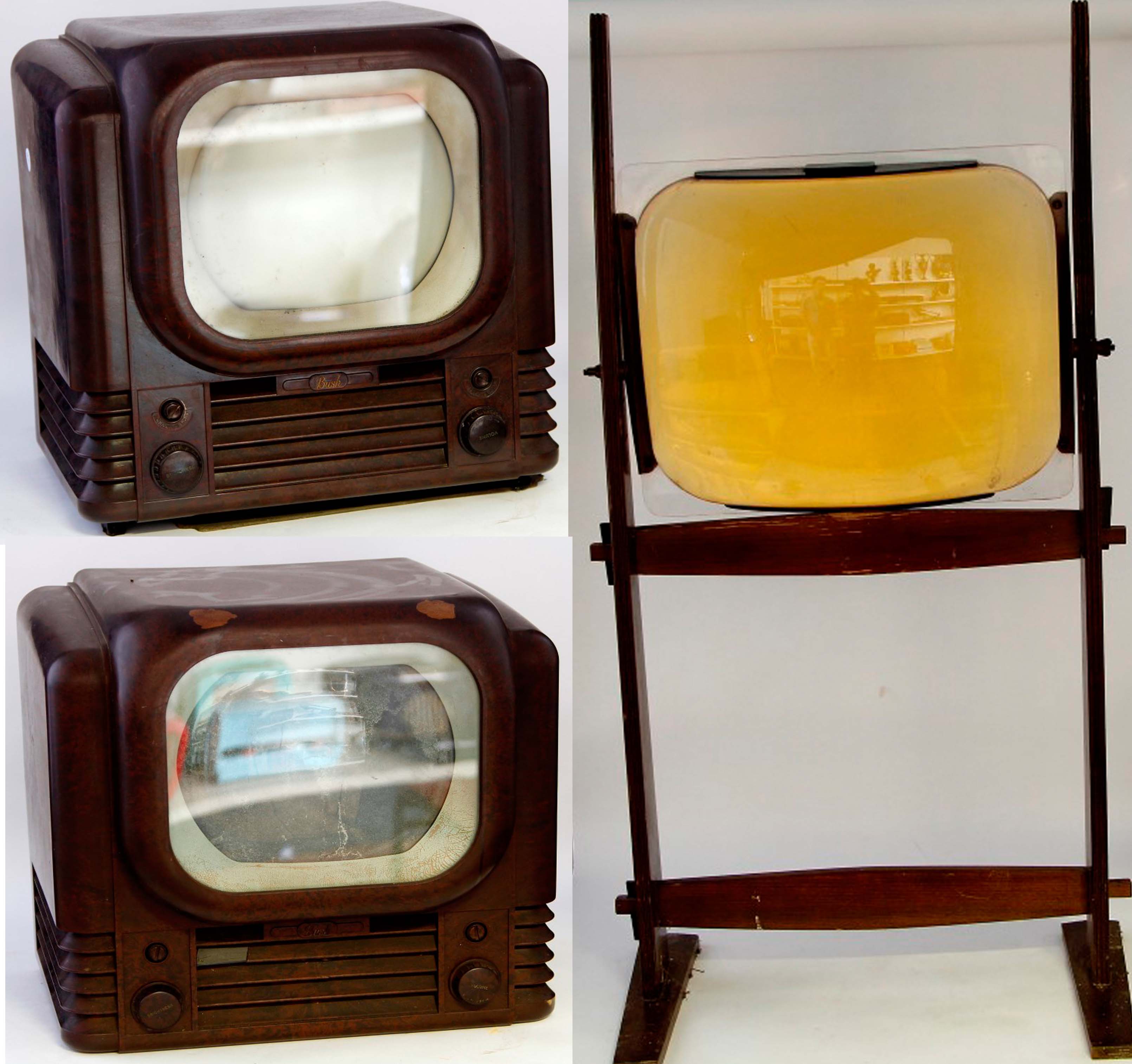 Two 1950s Bush TV22 9" Bakelite cased one channel black and white TVS, together with two screen