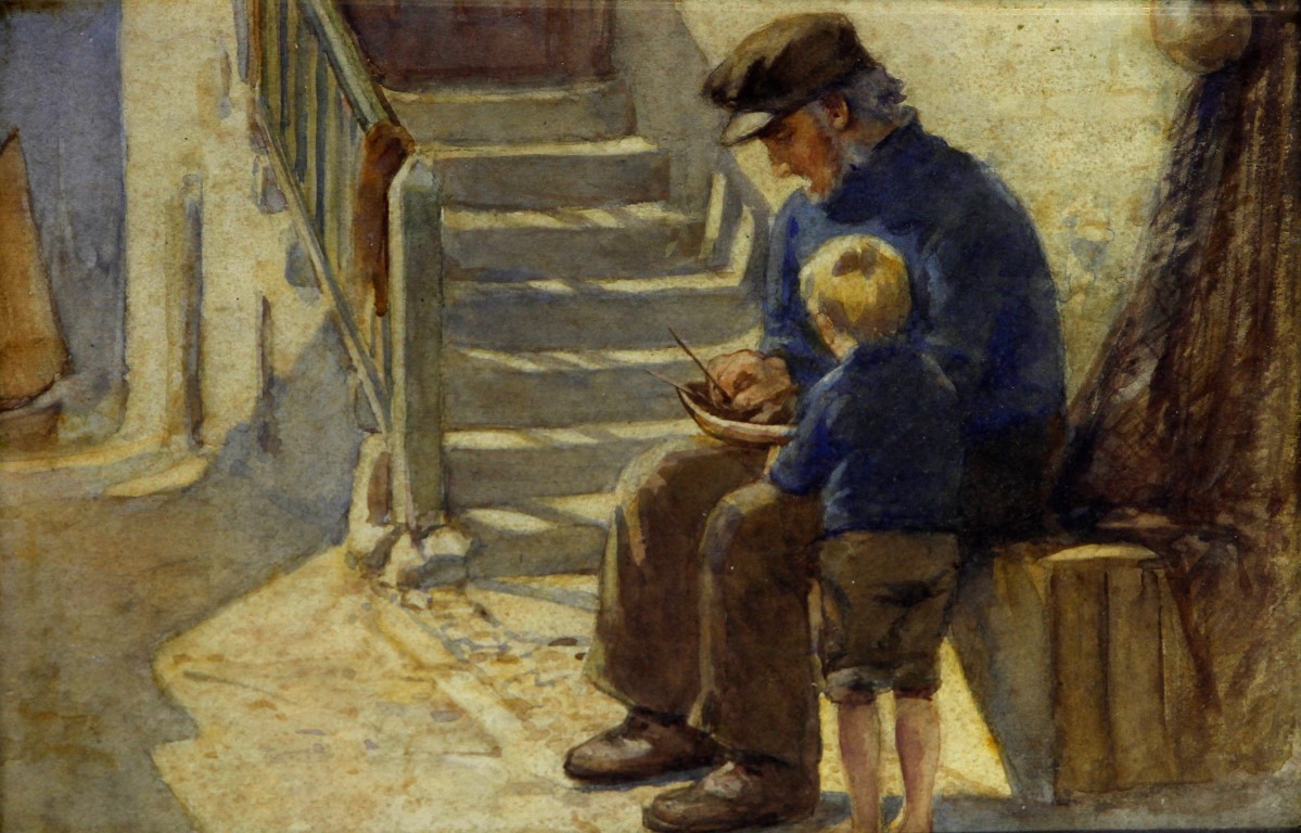 Cornish School (early 20th century) - 'The Fisherman and the boy', watercolour, approx 21x30cm,