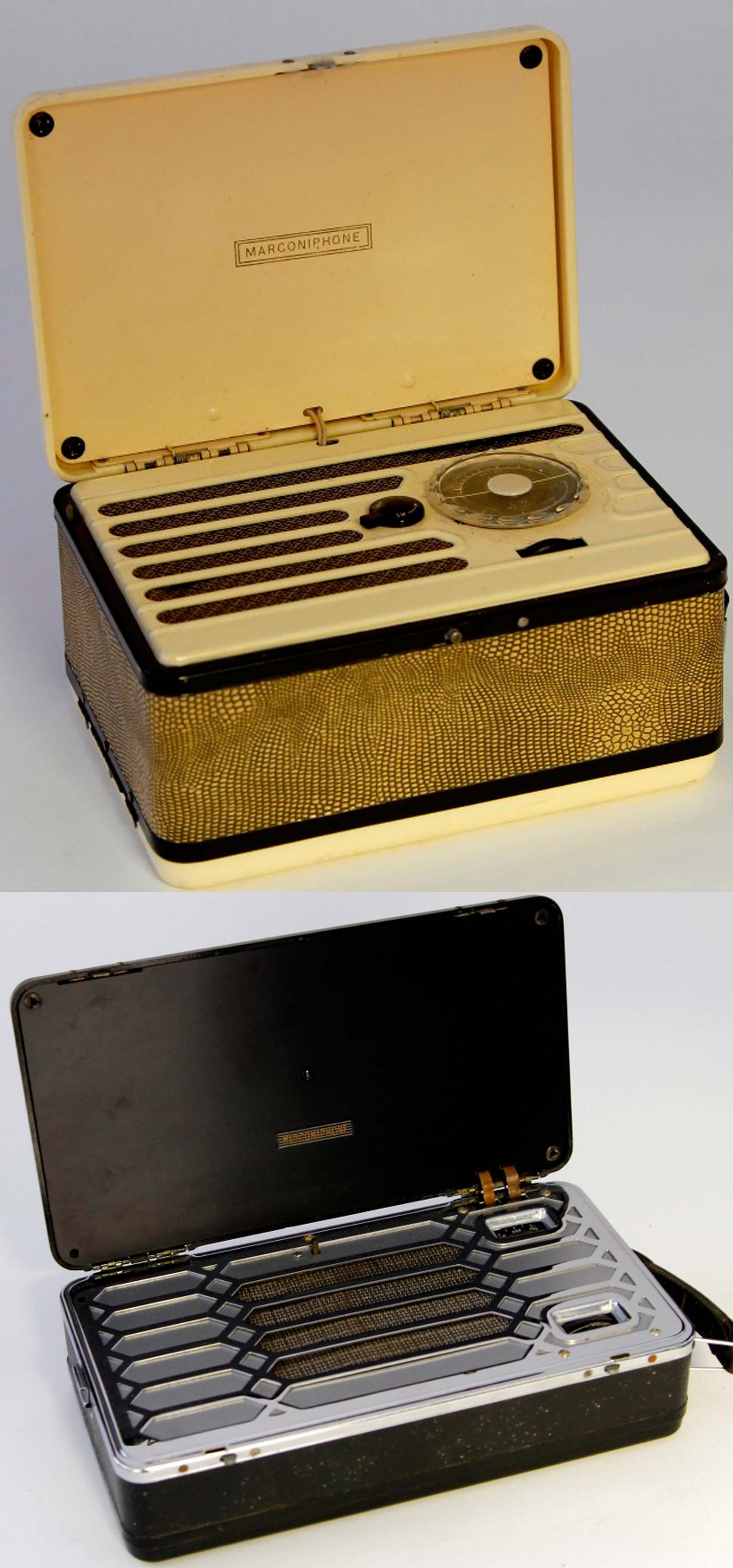 A 1940s Marconiphone P17B personal radio, together with a 1940s Marconiphone PZ0B personal radio