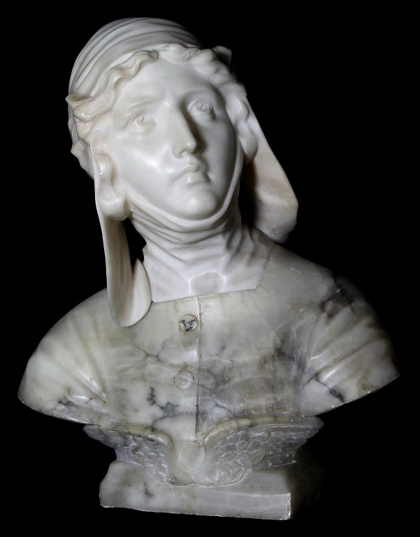 A French 19th/20th century marble bust of a maiden (possibly Joan of Arc), the figure with head