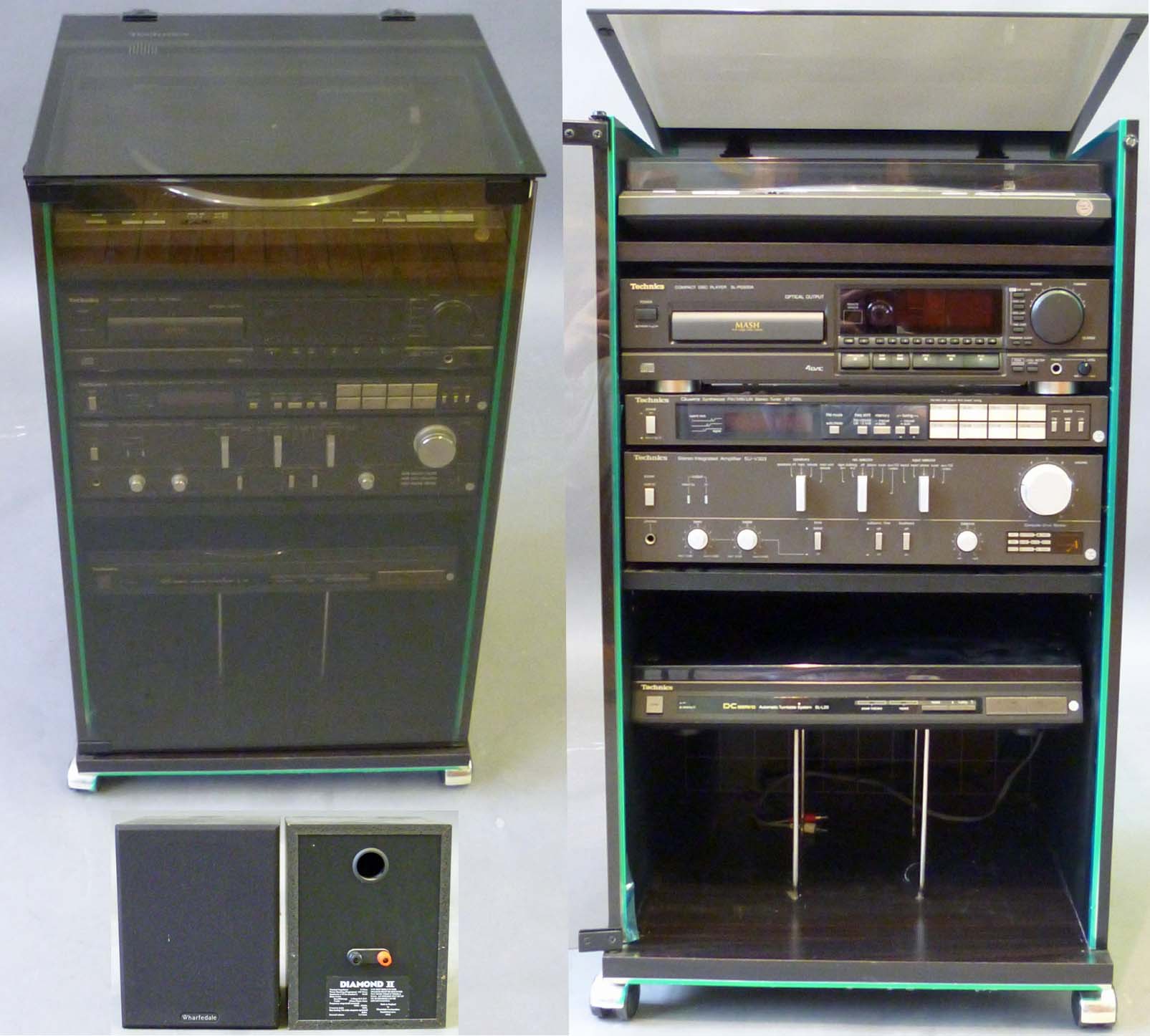 A 1980s Technics Hifi Storage Cabinet  containing a Technics (SL-DL1) Linear Tracking Turntable, a