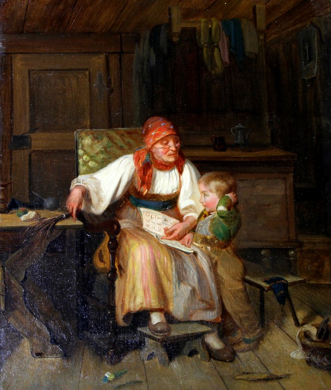 David Van der Kellen III  (Dutch 1827-1895), 'The reading lesson ', oil on canvas depicting an