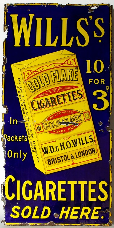 An early to mid 20th century 'Will's Cigarettes' enameled sign, the cobalt blue ground encircled