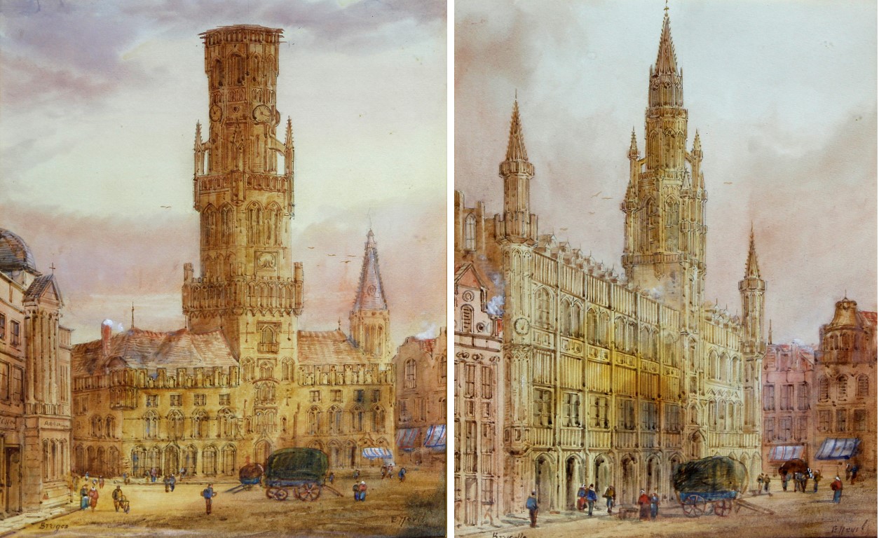 E Nevil (19th century) - 'Brussels' and 'Bruges', pair of signed and titled watercolours, each