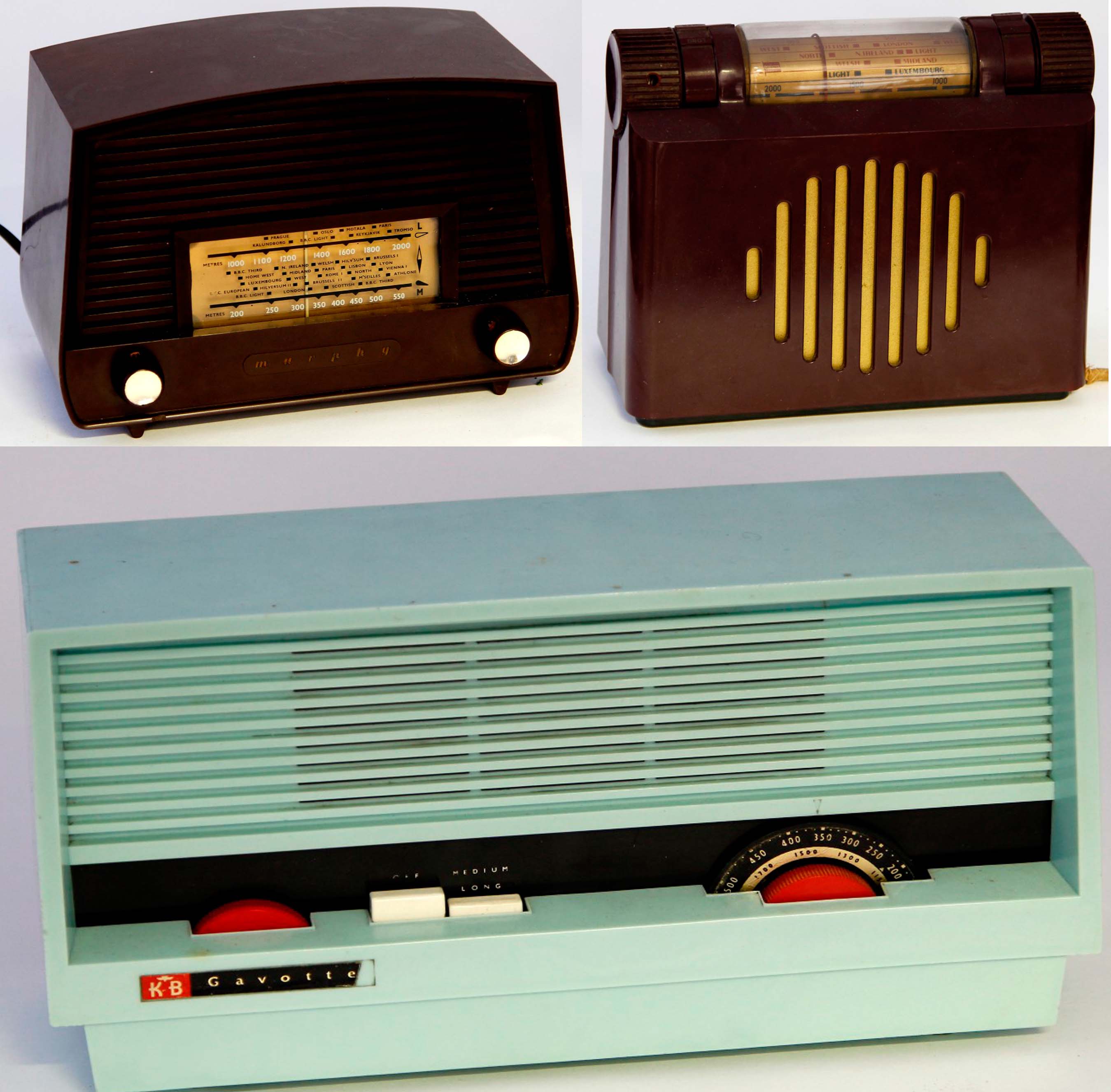 A 1947 Murphy A100 Bakelite valve radio, a 1950s Murphy U198H Bakelite valve radio and a 1960s KB