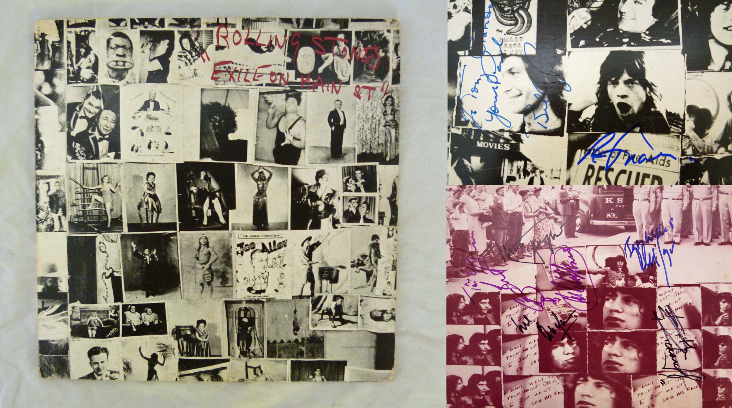A signed copy of The Rolling Stones 'Exile on Main Street' vinyl LP, amongst the autographs is
