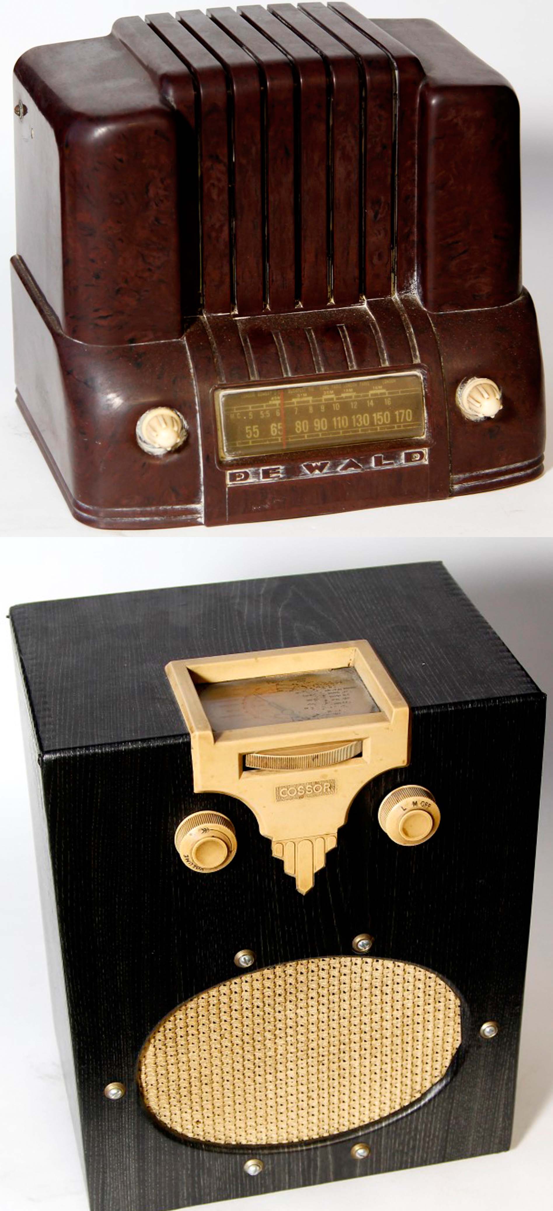 A Dewald Bakelite valve radio, together with a Cossor revolving wooden cased valve radio