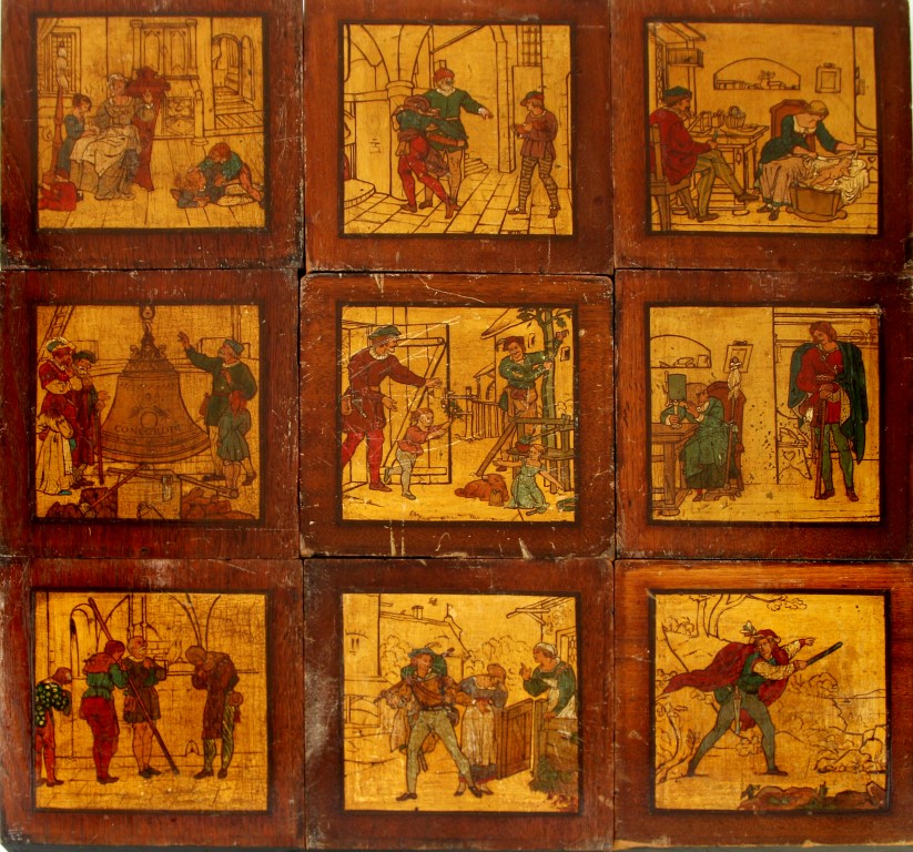 A collection of thirteen 20th century medieval revival painted panels in the manner of 15th